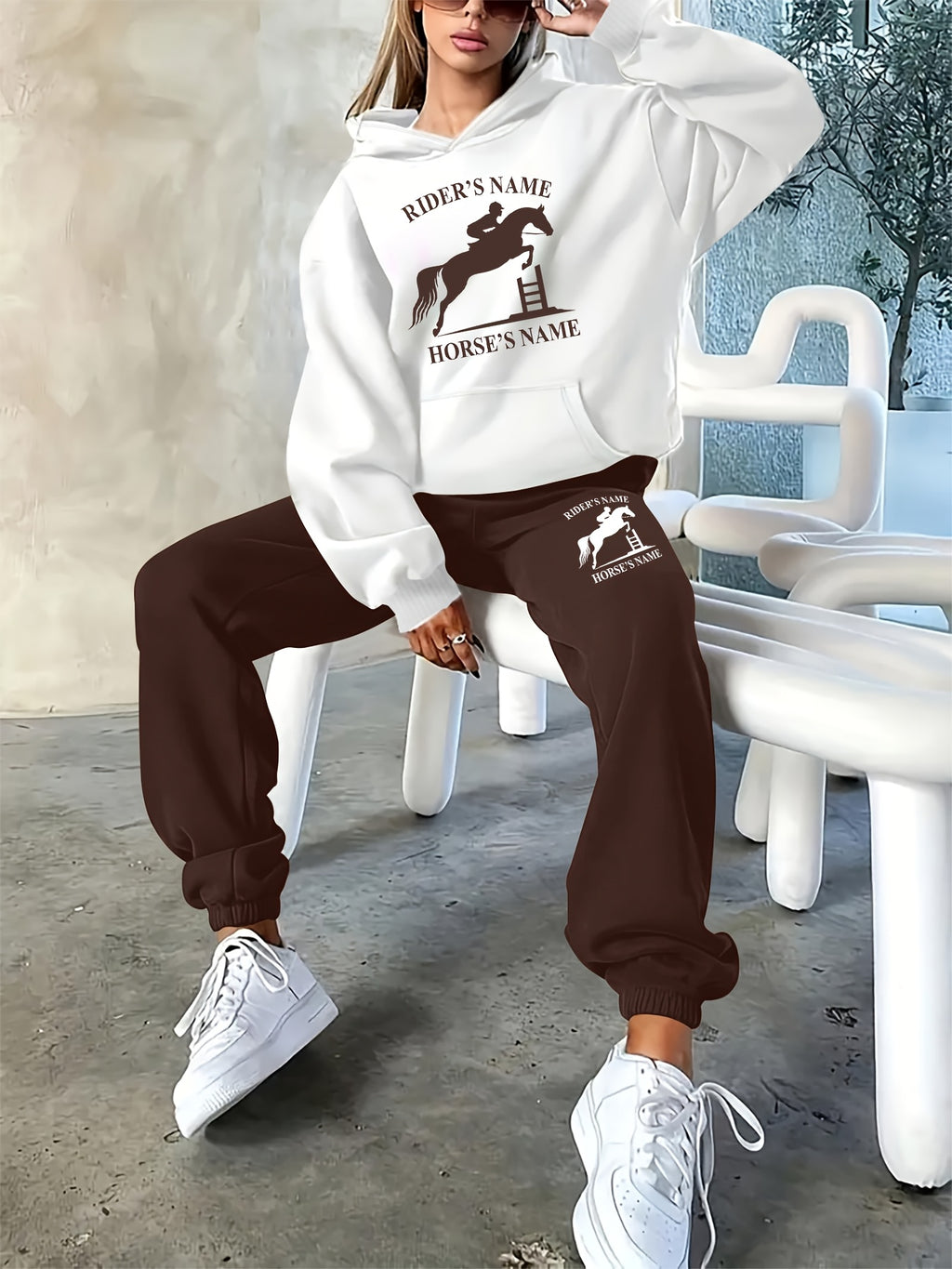 2025 Autumn/Winter New Arrival, Rider and Horse Pattern, Casual Letter Print Loose Warm Long Sleeve Hooded Sweatshirt and Drawstring Pants Women'S Two-Piece Set, Winter Clothing, Casual Wear, Trendy Outfit, Hooded Sweatshirt,