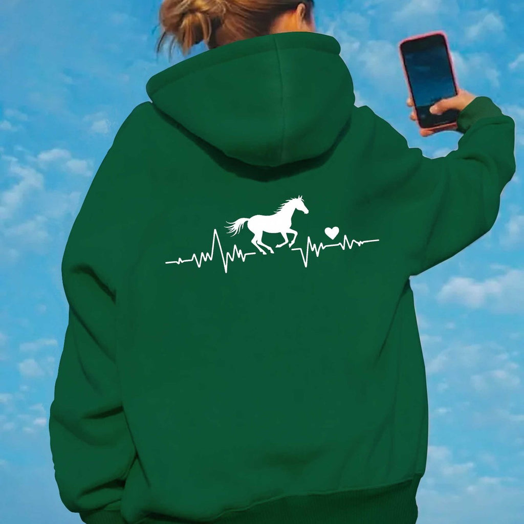 teediy Women'S Horse Heartbeat Minimalist Line Hooded Sweatshirt - Elegant Horse & Heartbeat Design, Long Sleeve Casual Pullover with Pockets