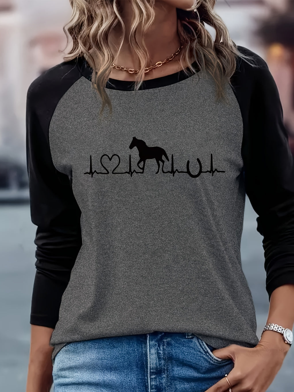 1pc Women'S Casual Horse Heartbeat Graphic T-Shirt, Polyester Knit Crew Neck Long Sleeve Pullover with Medium Stretch, Regular Fit All-Season Tee