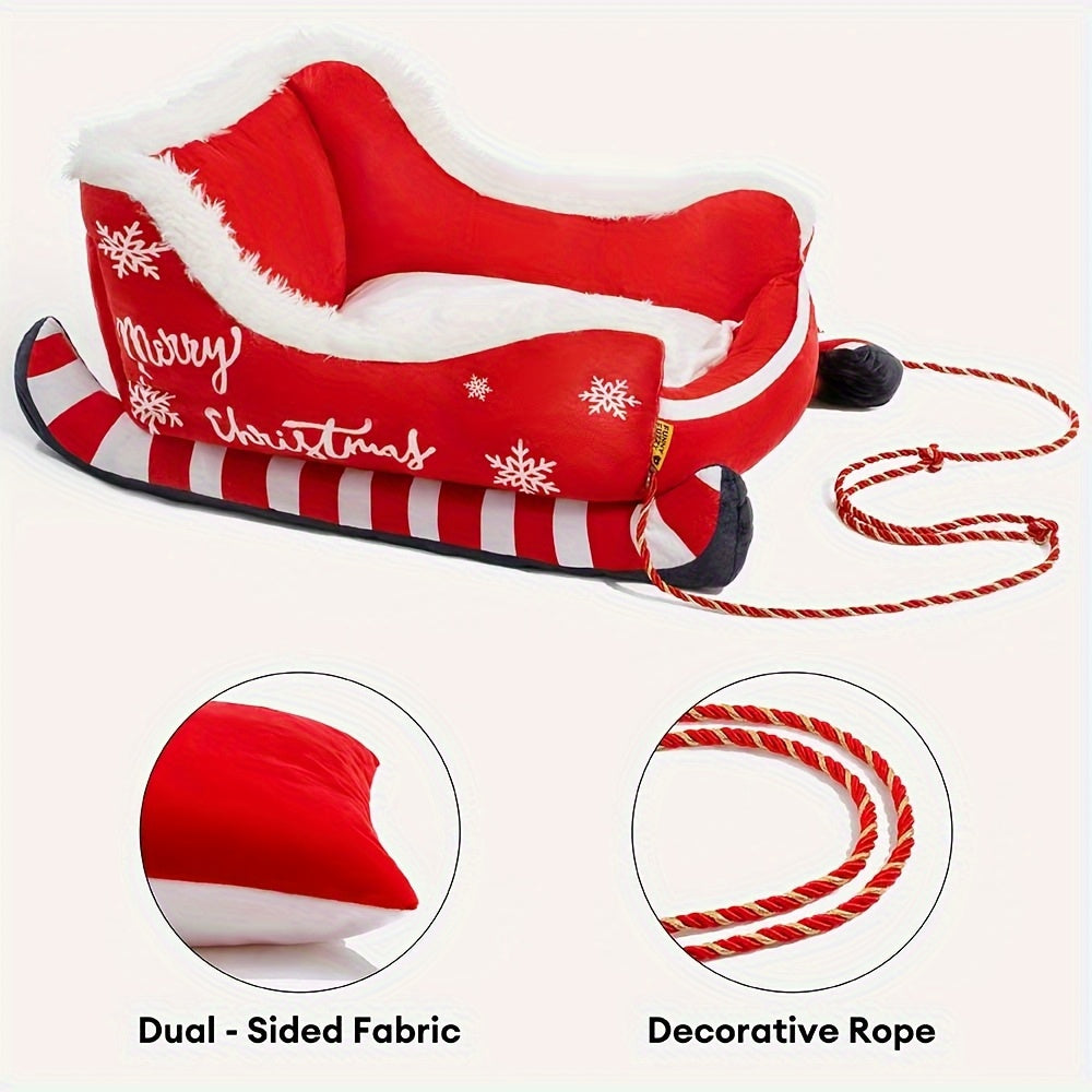 Festive Christmas Plush Sled Dog Bed with Red & White Snowflakes & "Merry Christmas" Text - Cozy Polypropylene Fabric Pet Bed for Small to Large Dogs, /Outdoor Use, Sleigh-Shaped Kennel for Pomeranian, Chihuahua, German Sheph