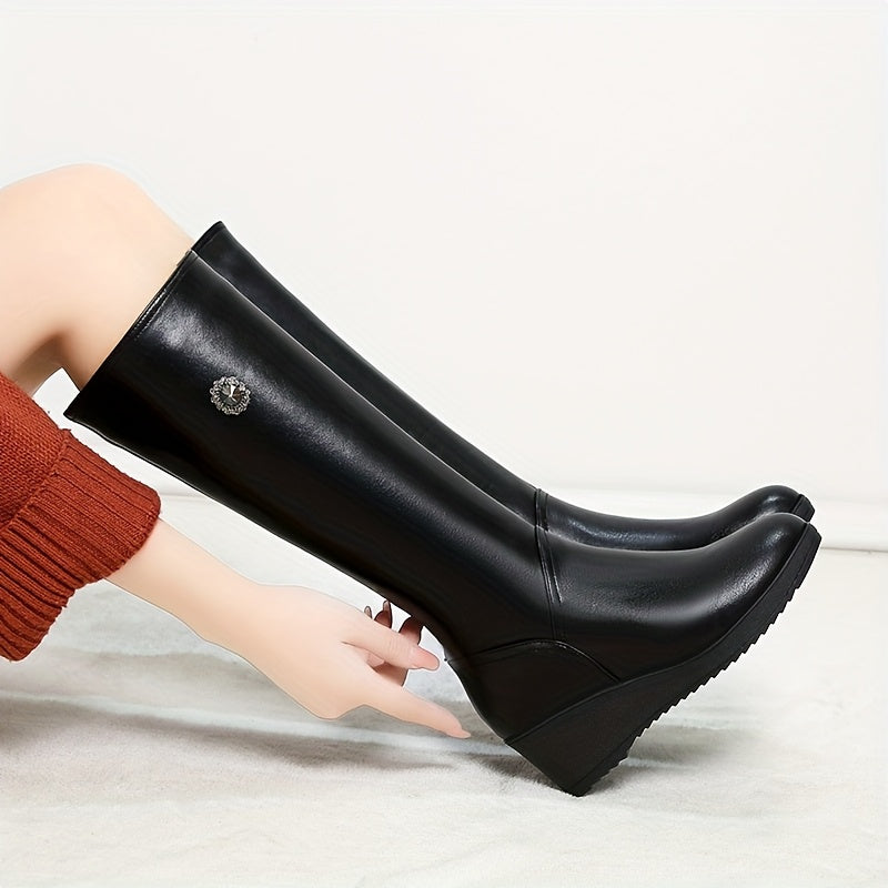 Stivali Donna Platform Invernali al Ginocchio - Neri con Tacco Chunky e Zip