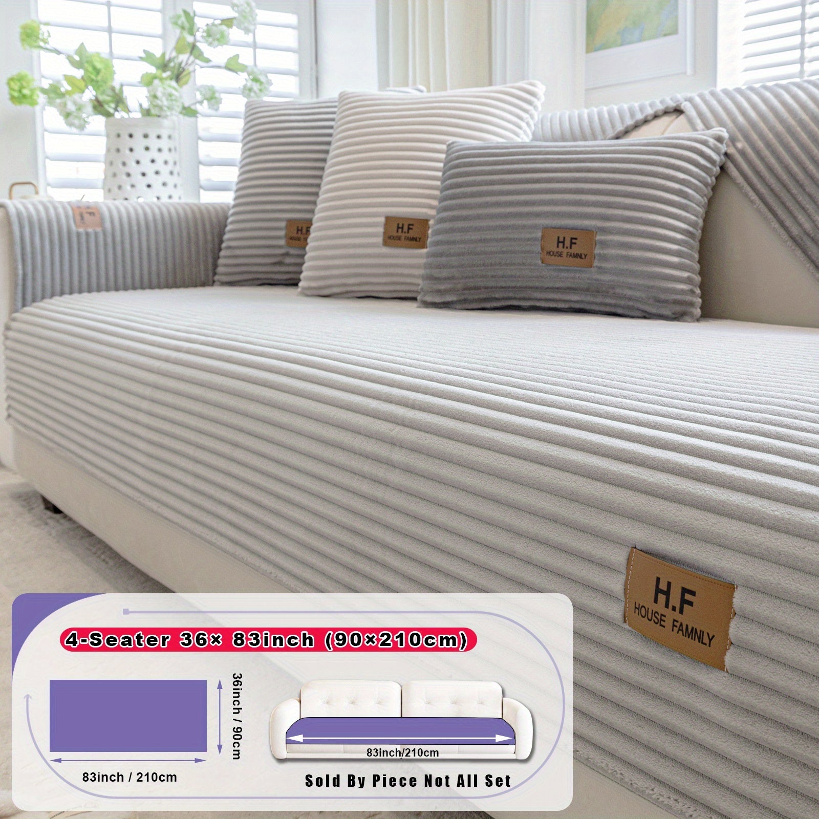 1pc HF Modern Plush Flannel Sofa Cushion Cover - Pet-Friendly Non-Slip Sofa Protector with Striped Design & Leather-Like Patches, Machine Washable Furniture Cover for 3/2/4-Seater, Living Room, Bedroom, Office Decor, Bedroom