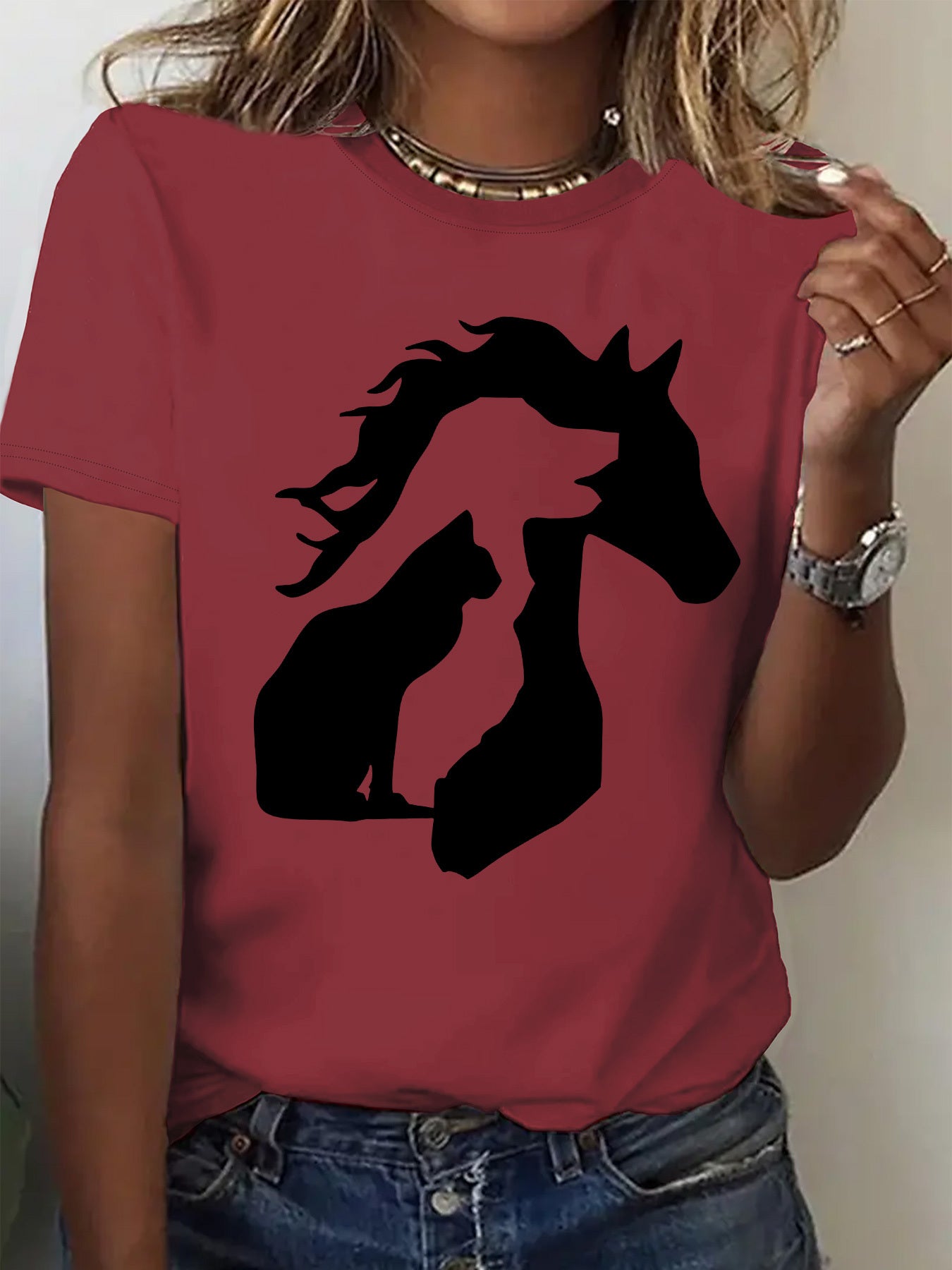 Women'S Casual Crew Neck T-Shirt with Unique Horse and Cat Silhouette Graphic, Short Sleeve Polyester Tee for Casual Attire, Allseason Top | Trendy Casual Style | Comfortable Fi