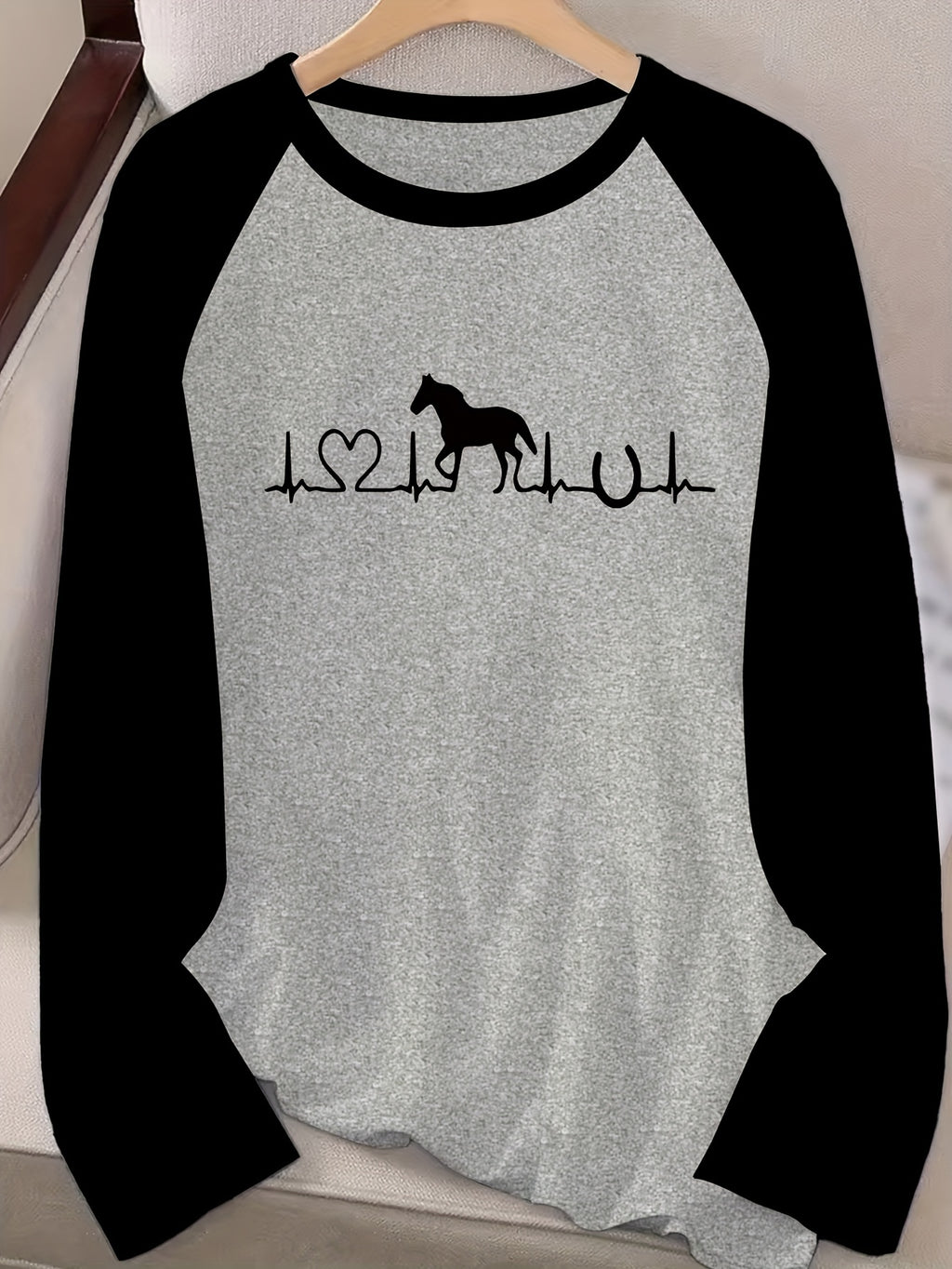 1pc Women'S Casual Horse Heartbeat Graphic T-Shirt, Polyester Knit Crew Neck Long Sleeve Pullover with Medium Stretch, Regular Fit All-Season Tee
