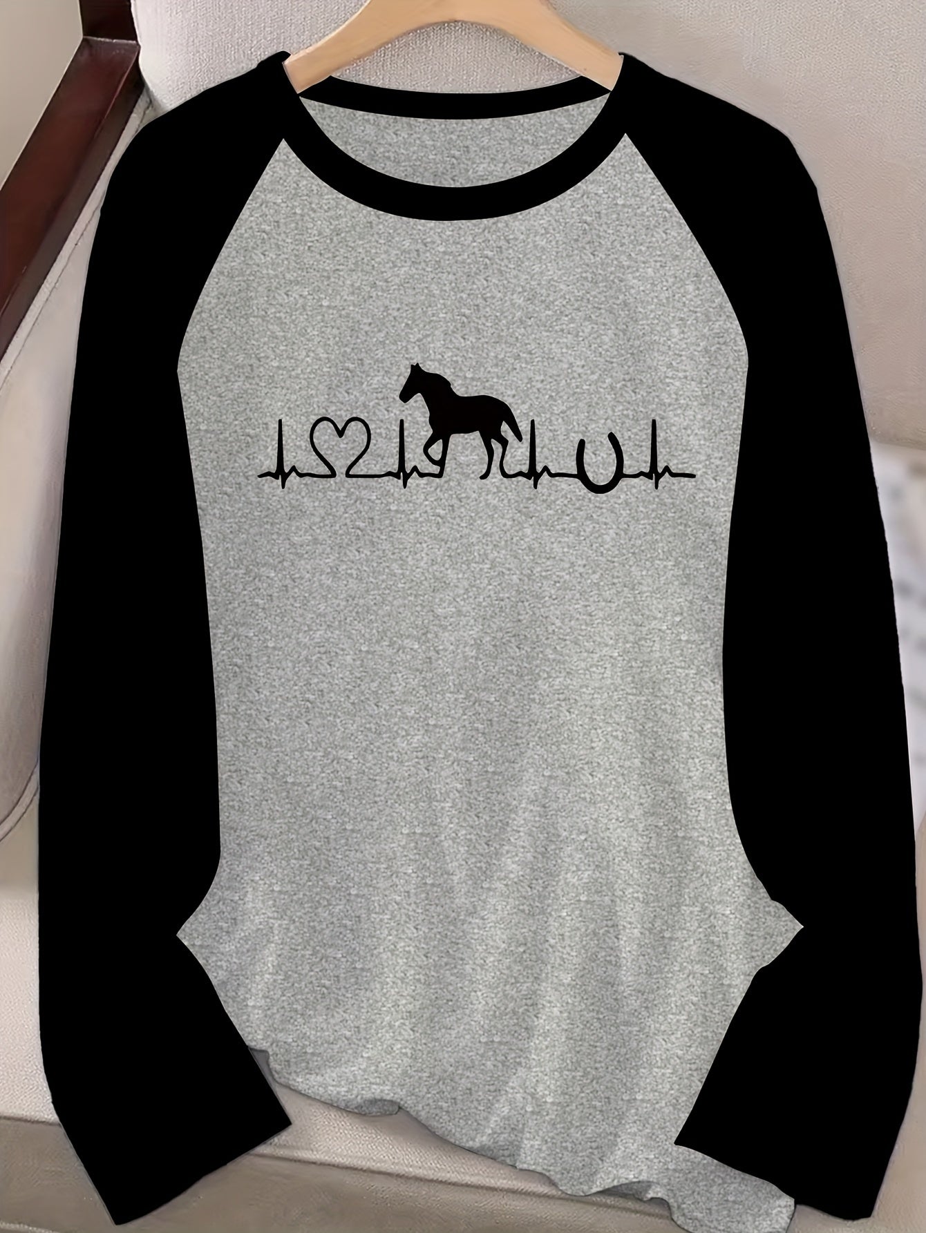 1pc Women'S Casual Horse Heartbeat Graphic T-Shirt, Polyester Knit Crew Neck Long Sleeve Pullover with Medium Stretch, Regular Fit All-Season Tee