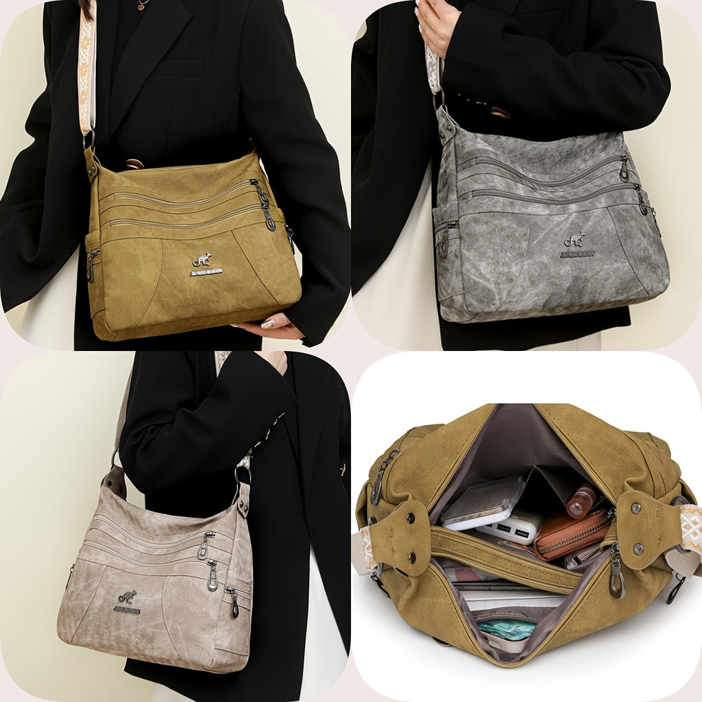 Vintage Style Women'S Shoulder Bag with Adjustable Strap, Multiple Zip Compartments, Synthetic Faux Leather, Polyester Lined - Available in Khaki, Black, Blue, Dark Green, Occasion Theme with Occasion Closure