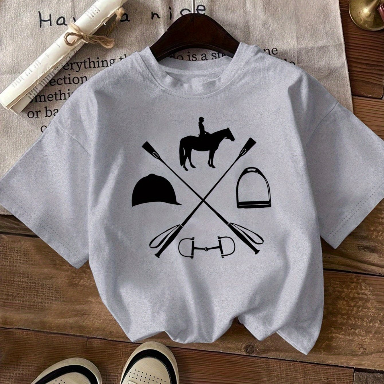 Women's Equestrian & Geometric Print Short Sleeve Crew Neck T-Shirt - Vibrant Red with Black Horseback Riding Design, Breathable Machine-Washable Casual Top for Summer, Spring & All-Season Wear, Horse Shirt, Summer Fashion, S