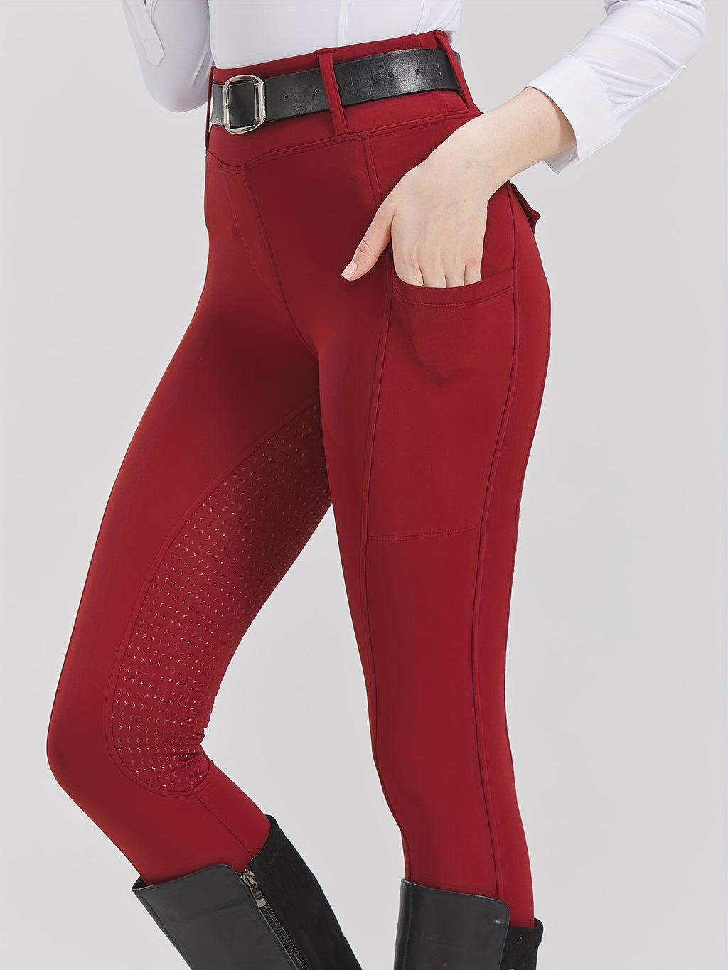 High-Elasticity Brushed Fabric Equestrian Pants with Silicone Grip, All-Season Horse Riding Tights with Pockets, Breathable and Durable
