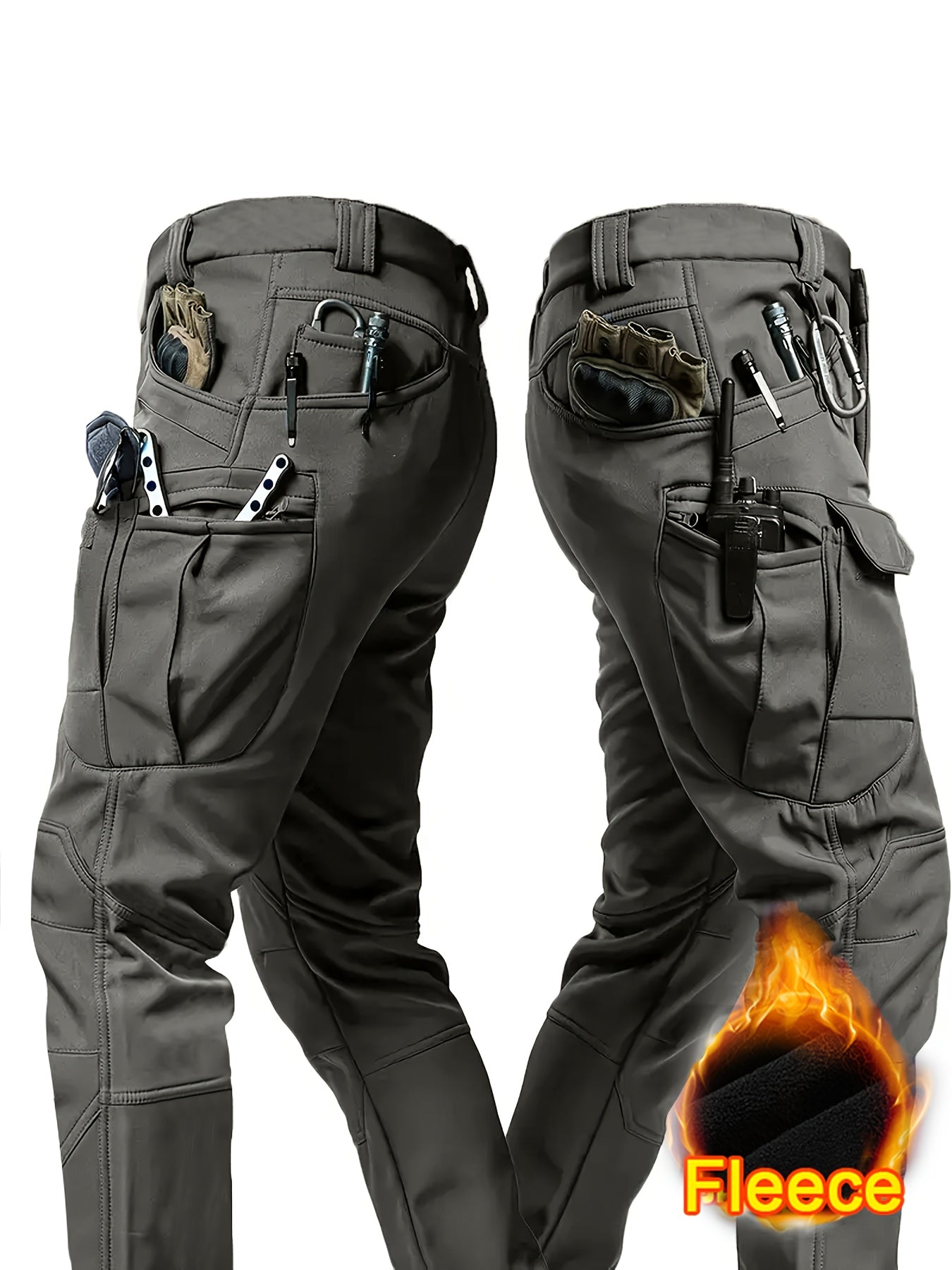 1pc Men's Fleece-Lined Warm Tactical Cargo Pants, Winter Thickened Style with Multiple Front and Back Zippers & Side Slanting Flap Patches for Outdoor Hiking/Fishing, Cold Weather Clothing, Fishing Pants, Rugged Design, Tacti