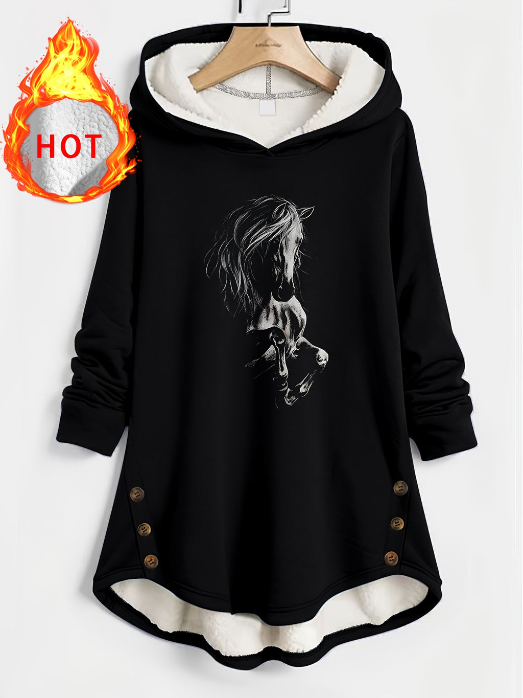 Women'S Cozy Black Hooded Sweatshirt with Horse Print - Warm Fleece-Lined Hood, Button Details, Drawstring, Perfect for Fall & Winter, Casual Style, Casual Wear Hoodie|Horse Print Hoodie|Fleece Lined Hoodie