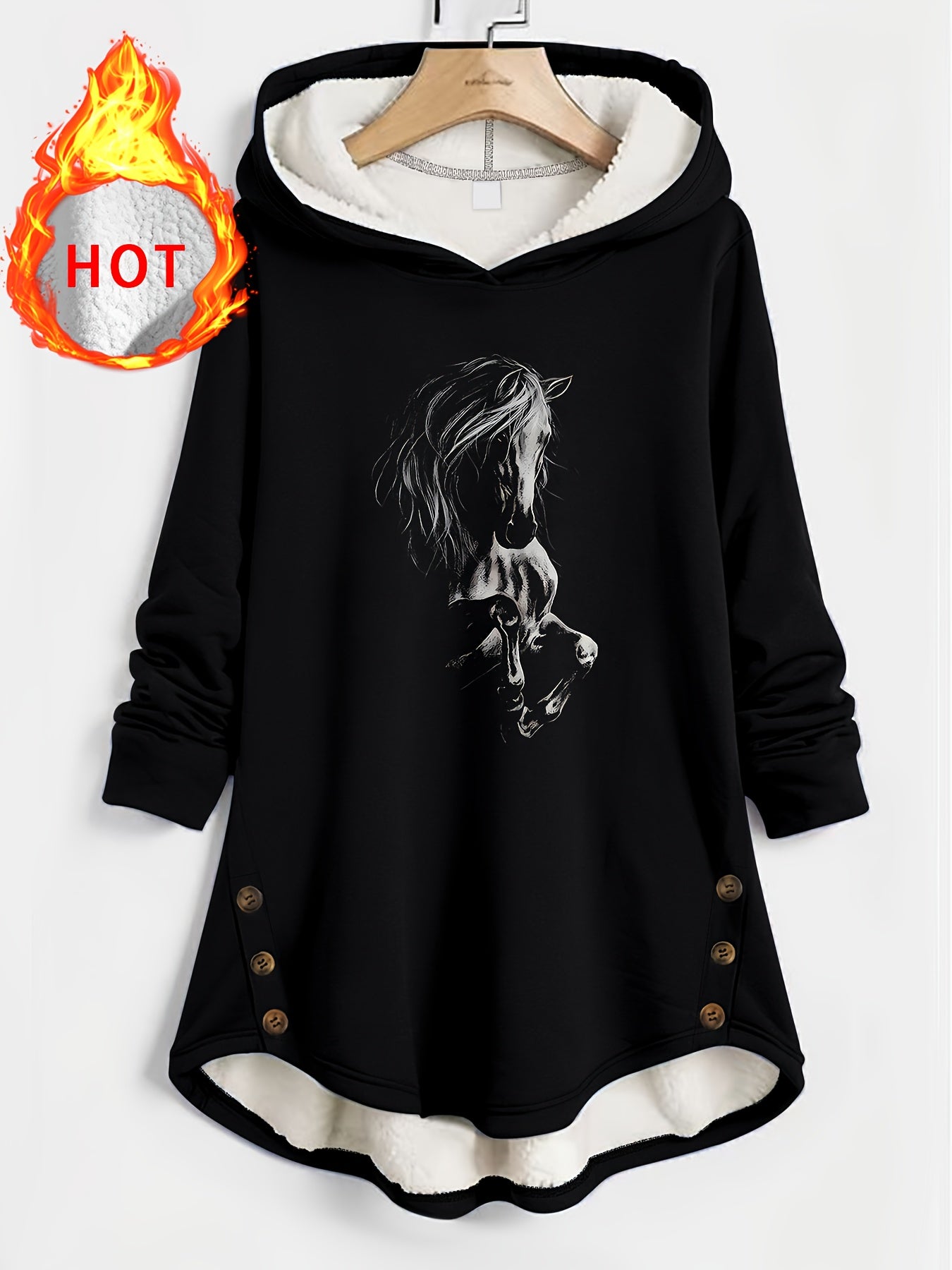 Women'S Cozy Black Hooded Sweatshirt with Horse Print - Warm Fleece-Lined Hood, Button Details, Drawstring, Perfect for Fall & Winter, Casual Style, Casual Wear Hoodie|Horse Print Hoodie|Fleece Lined Hoodie
