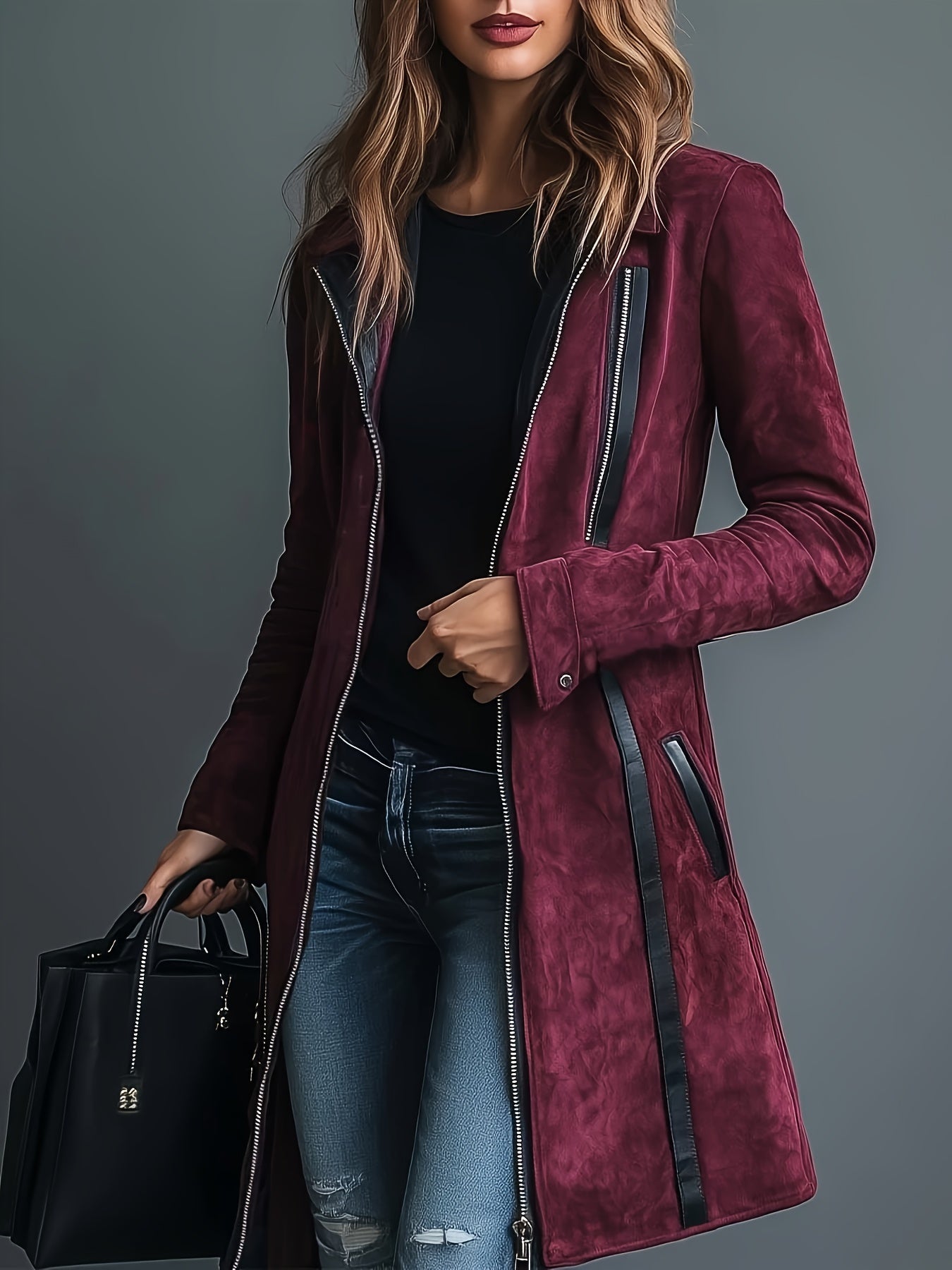 Women's Burgundy Collar Jacket - Retro Notch Coat with Black Piping Trim, Structured Fall Outerwear, Machine Washable Casual to Dressy Blazer for, Parties & Casual Attire (No)