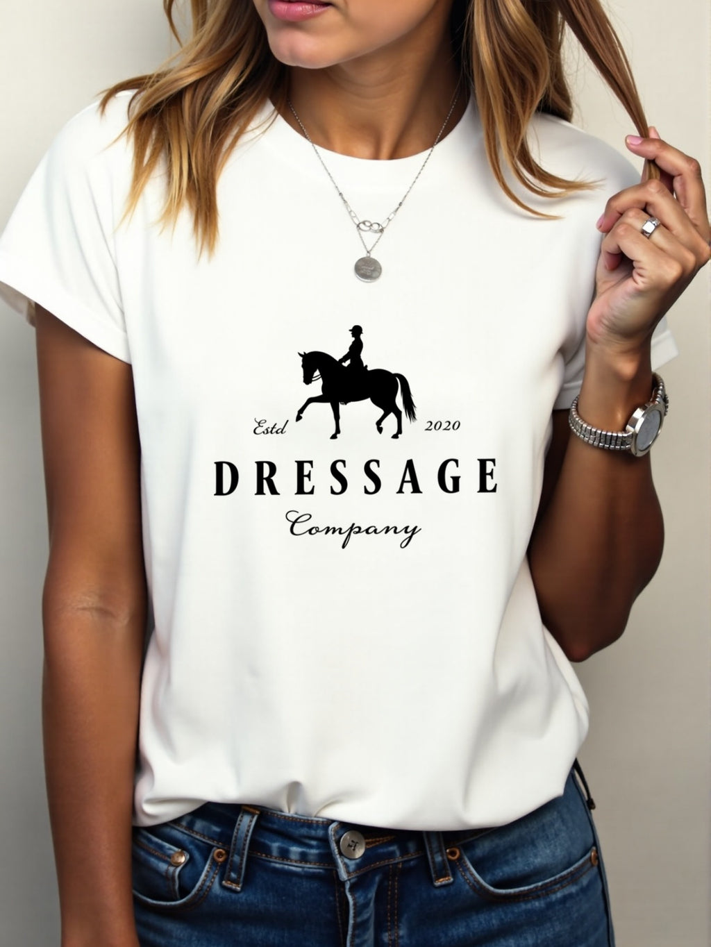 Women'S Elegant Dressage Graphic T-Shirt - White Tee with Black Dressage Text, Soft Breathable Polyester Blend Shirt for Equestrian Events, Casual Attire & Casual Outfits - All-Season Women'S Top, Horse T Shirt, Outdoor Activ