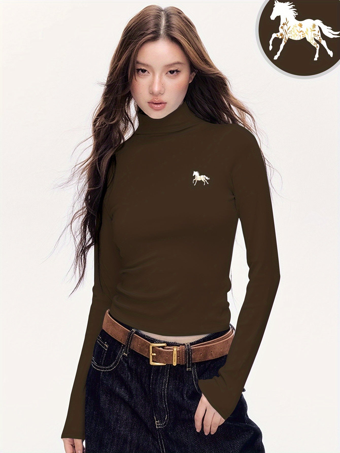 Women'S Elegant Half-Turtleneck Long Sleeve T-Shirt - Soft Fleece-Like Fabric, Black with White Horse Silhouette & Golden Accents, Machine Washable, Versatile Casual & Formal Wear, Winter Warmth, 2025 Autumn Winter Essential,