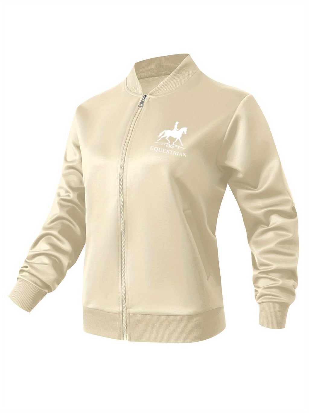 Women's Equestrian Print Casual Jacket - All-Season Comfort with Baseball Collar & Zip-Up Design, Long Sleeve Machine-Washable Coat with Pockets for Outdoor Activities, Equestrian Apparel, Durable Zipper Closure