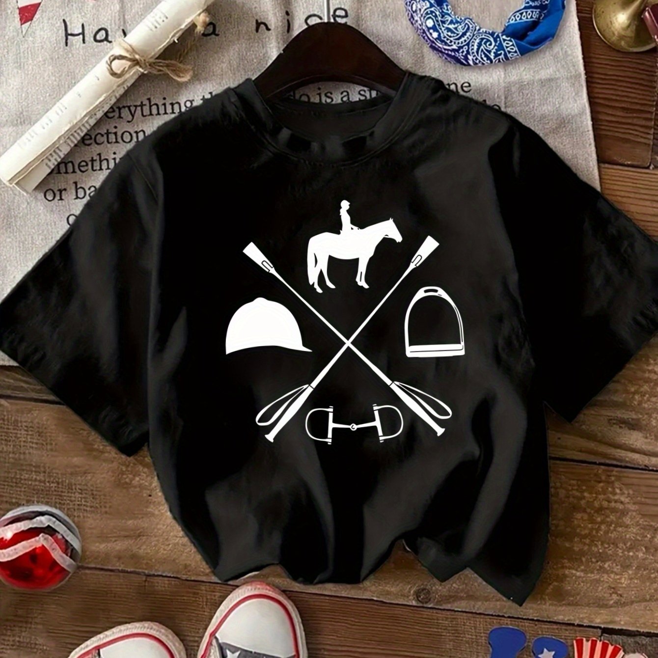 Women's Equestrian & Geometric Print Short Sleeve Crew Neck T-Shirt - Vibrant Red with Black Horseback Riding Design, Breathable Machine-Washable Casual Top for Summer, Spring & All-Season Wear, Horse Shirt, Summer Fashion, S