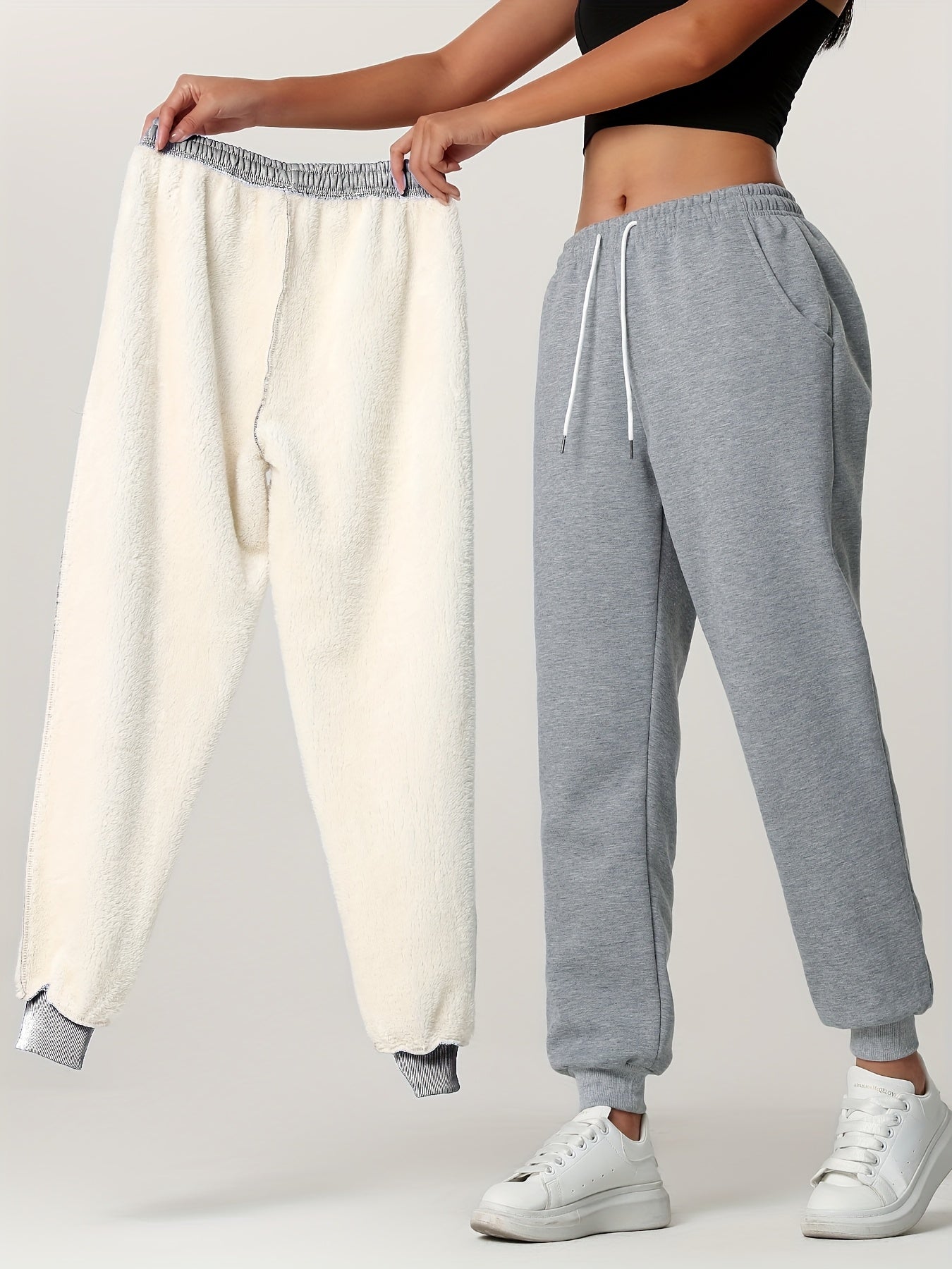 1pc Autumn Winter Women's Long Pants, Fleece-Lined Warm Casual Sports Trousers with Elastic Drawstring Waist, Slant Pockets, Windproof Thermal Cuffed Pants for Winter Daily Home Outing Hiking Leisure Wear