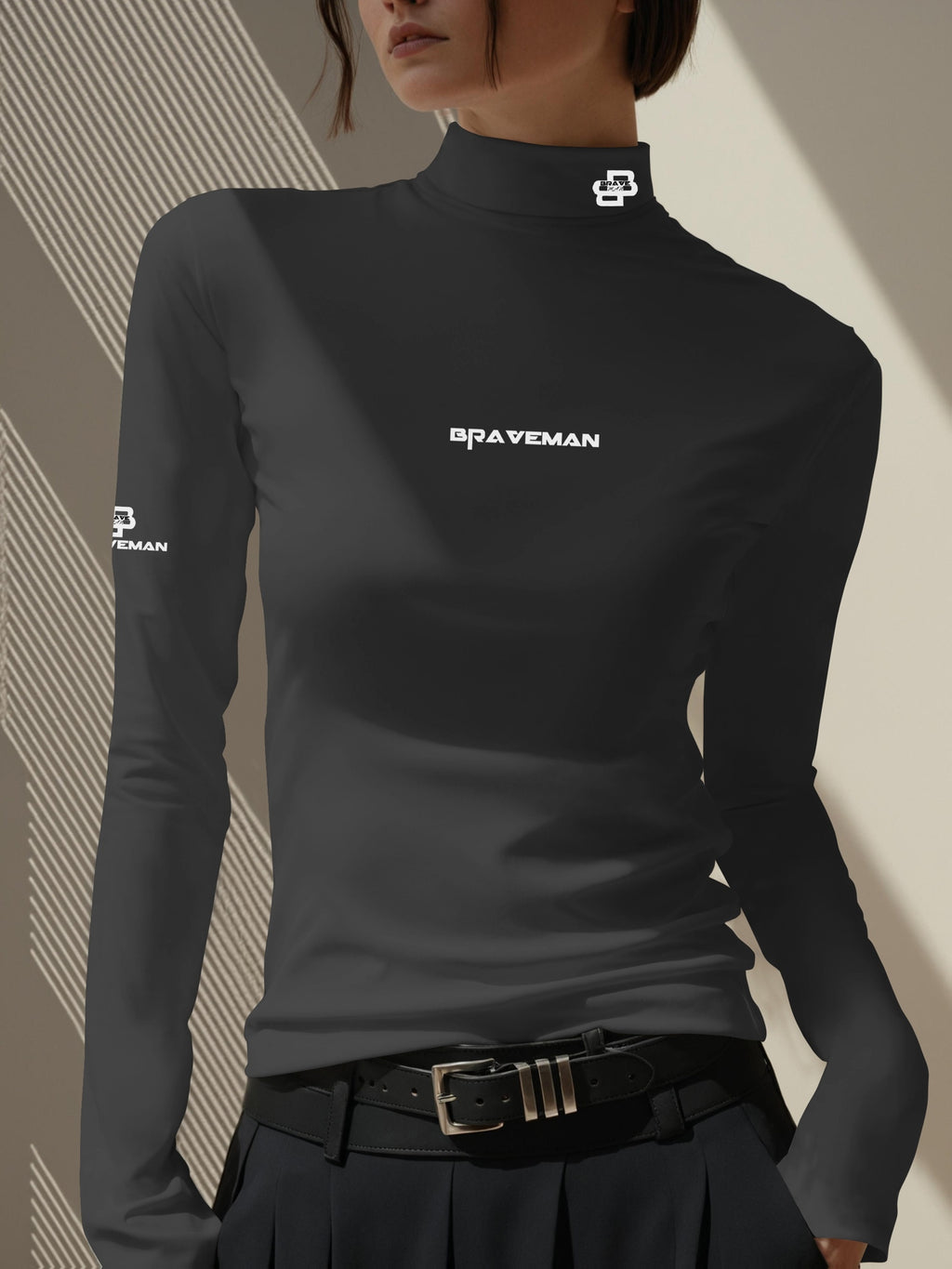 Women's Thermal Turtleneck Sweater Shirt - Long Sleeve White Base with Black Collar & B-Fit Logo Print, Slim-Fit Winter Layering Top, Hand Washable Stretchy -like Texture for Office, Casual & Cold Weather (No Bulk)