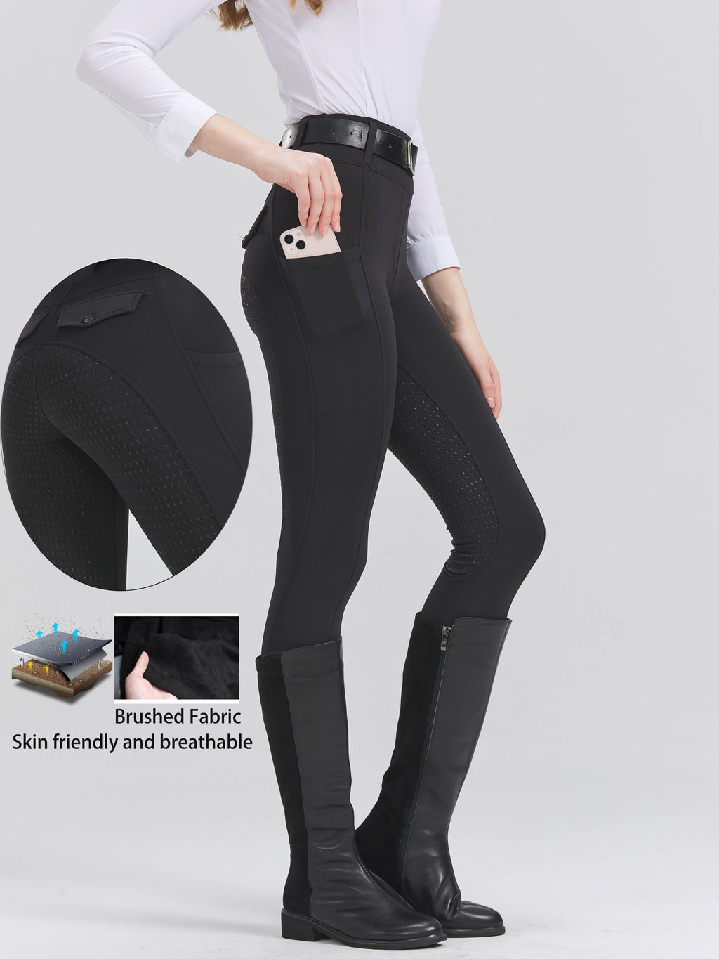 High-Elasticity Brushed Fabric Equestrian Pants with Silicone Grip, All-Season Horse Riding Tights with Pockets, Breathable and Durable