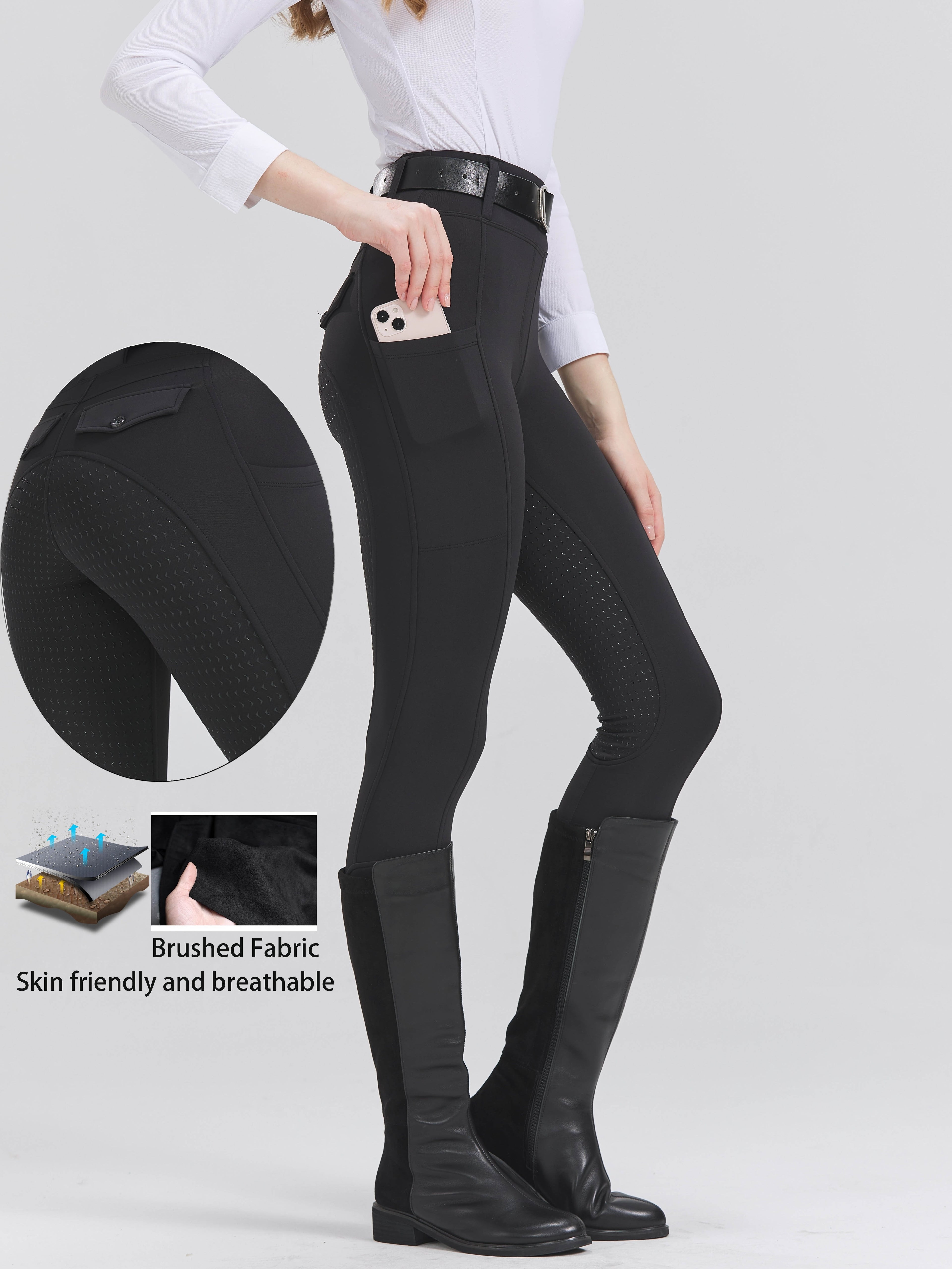 High-Elasticity Brushed Fabric Equestrian Pants with Silicone Grip, All-Season Horse Riding Tights with Pockets, Breathable and Durable