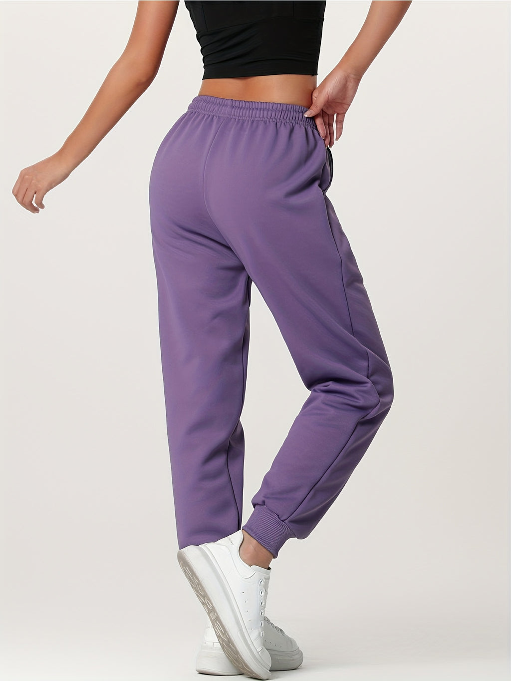 1pc Autumn Winter Women's Long Pants, Fleece-Lined Warm Casual Sports Trousers with Elastic Drawstring Waist, Slant Pockets, Windproof Thermal Cuffed Pants for Winter Daily Home Outing Hiking Leisure Wear