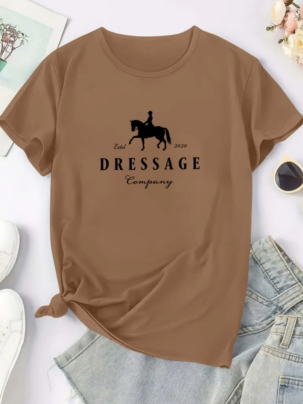 Women'S Elegant Dressage Graphic T-Shirt - White Tee with Black Dressage Text, Soft Breathable Polyester Blend Shirt for Equestrian Events, Casual Attire & Casual Outfits - All-Season Women'S Top, Horse T Shirt, Outdoor Activ