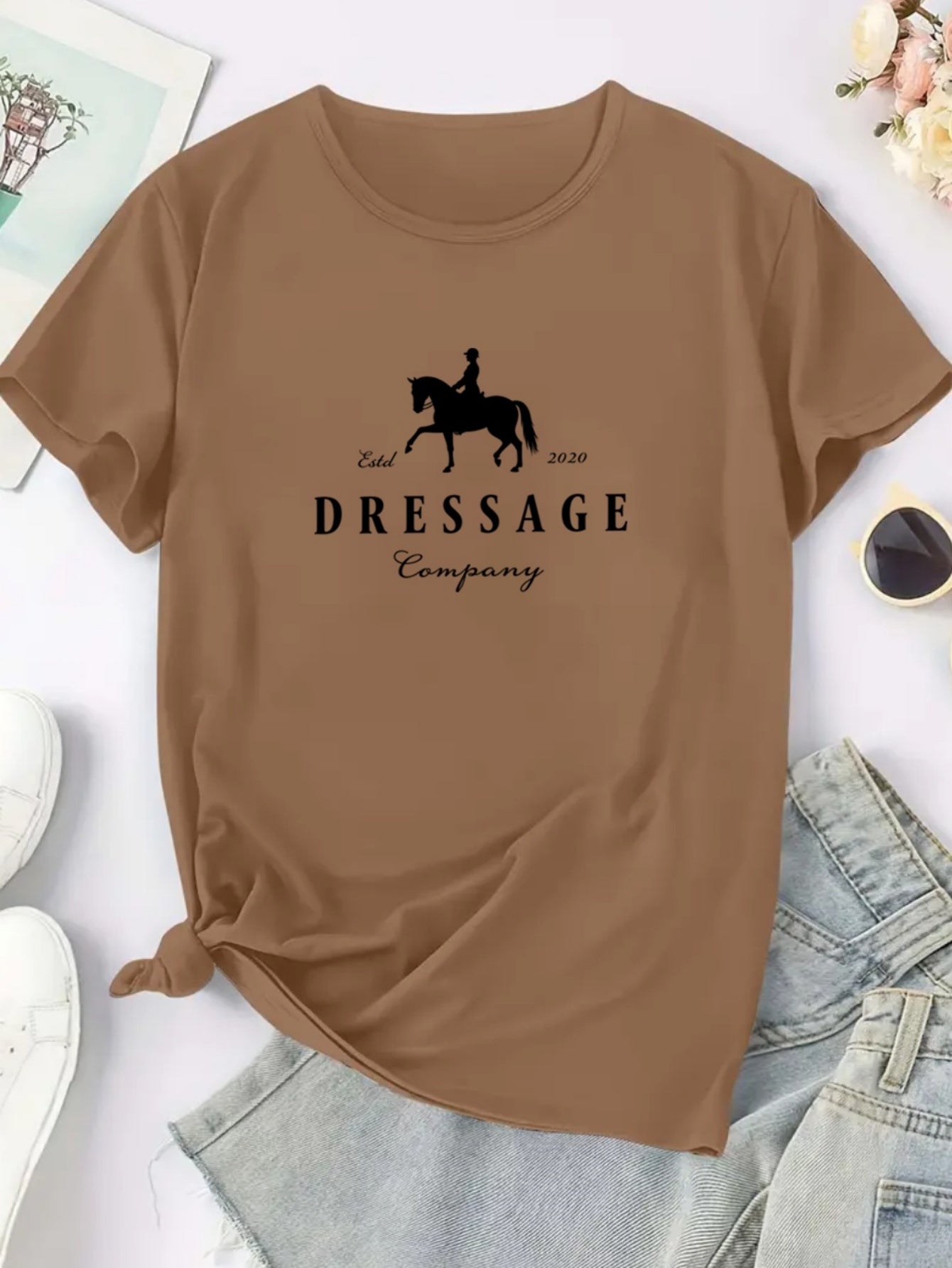 Women'S Elegant Dressage Graphic T-Shirt - White Tee with Black Dressage Text, Soft Breathable Polyester Blend Shirt for Equestrian Events, Casual Attire & Casual Outfits - All-Season Women'S Top, Horse T Shirt, Outdoor Activ