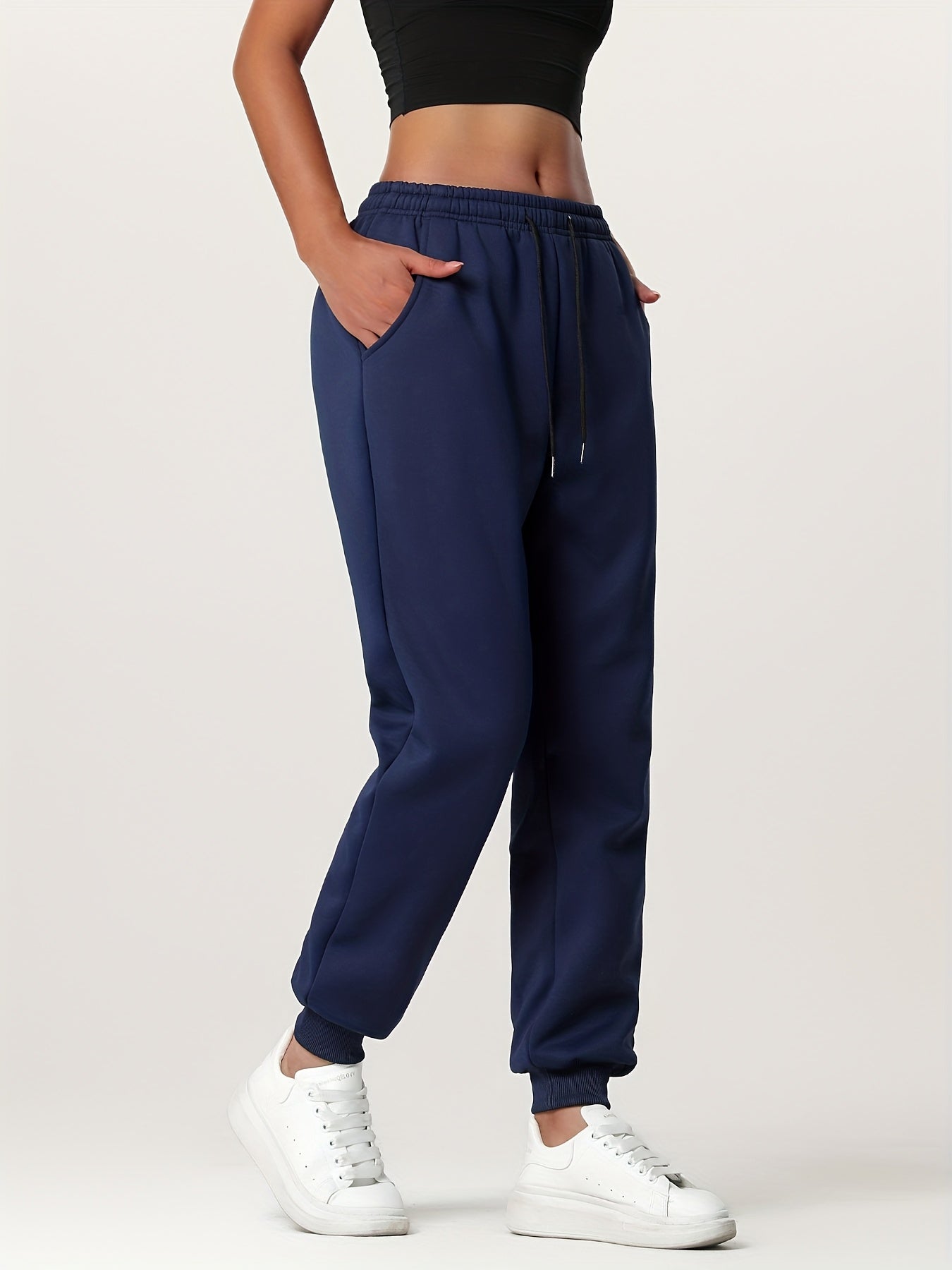 1pc Autumn Winter Women's Long Pants, Fleece-Lined Warm Casual Sports Trousers with Elastic Drawstring Waist, Slant Pockets, Windproof Thermal Cuffed Pants for Winter Daily Home Outing Hiking Leisure Wear