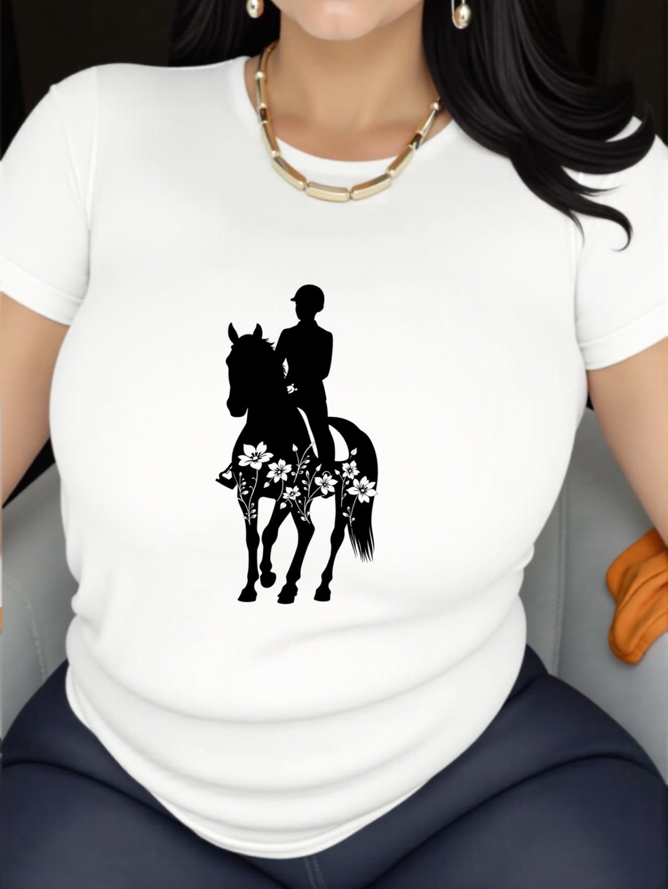 Women'S Equestrian Graphic Tee - Soft Breathable Quick-Dry Polyester Blend T-Shirt, Black with White Horseback Rider Design, All-Season Casual Shirt for Horseback Riding, Everyday Outfits & Themed Events - Easy Care Round Nec
