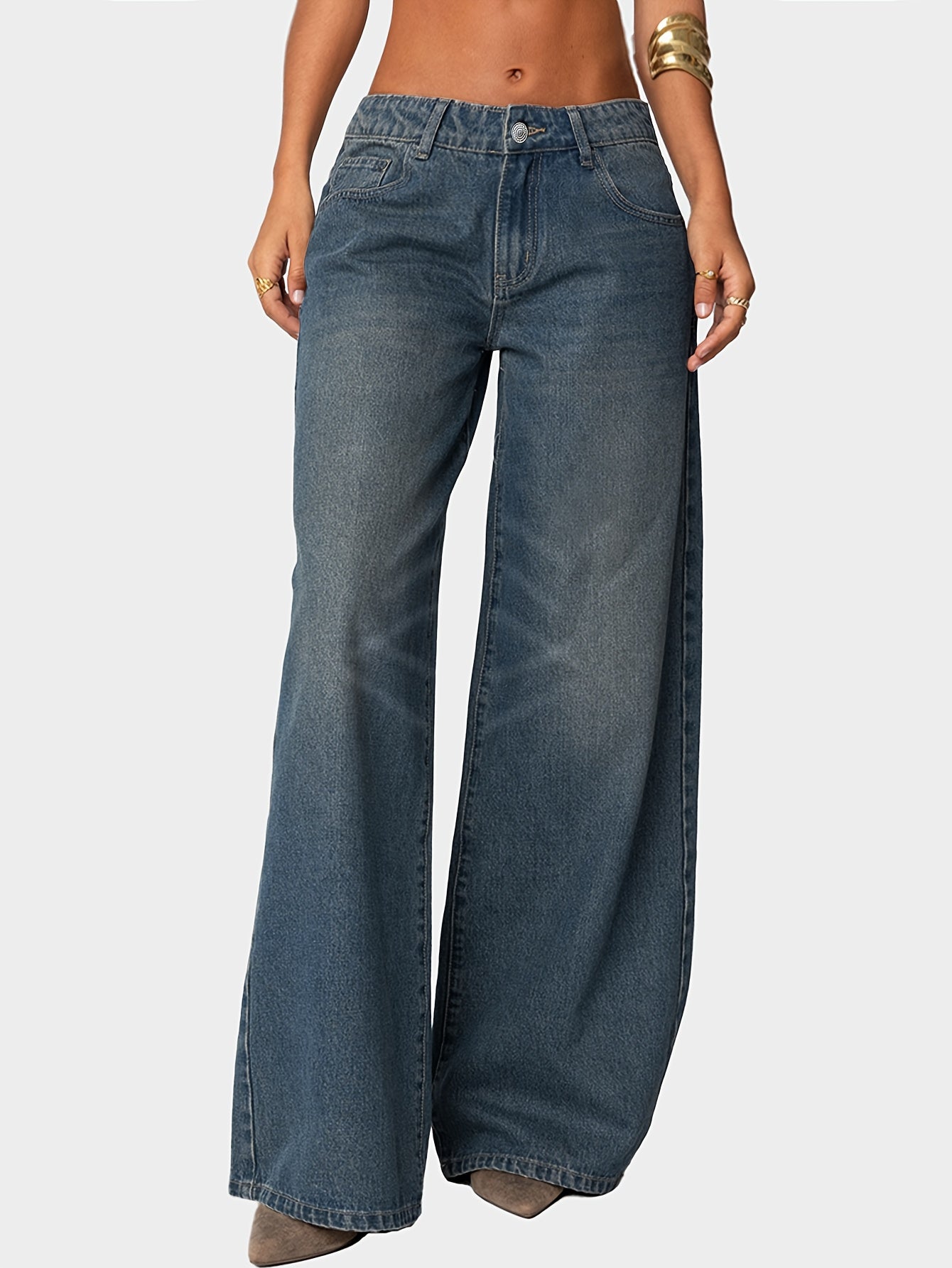 Women'S Y2K Vintage Washed Denim Pants - Retro Non-Stretch Straight-Leg Trousers with Button Closure, Low-Rise Casual Streetwear for Everyday & Urban Outfits, All-Season Comfort, Low Waist Design, Solid Color, Comfortable Fas