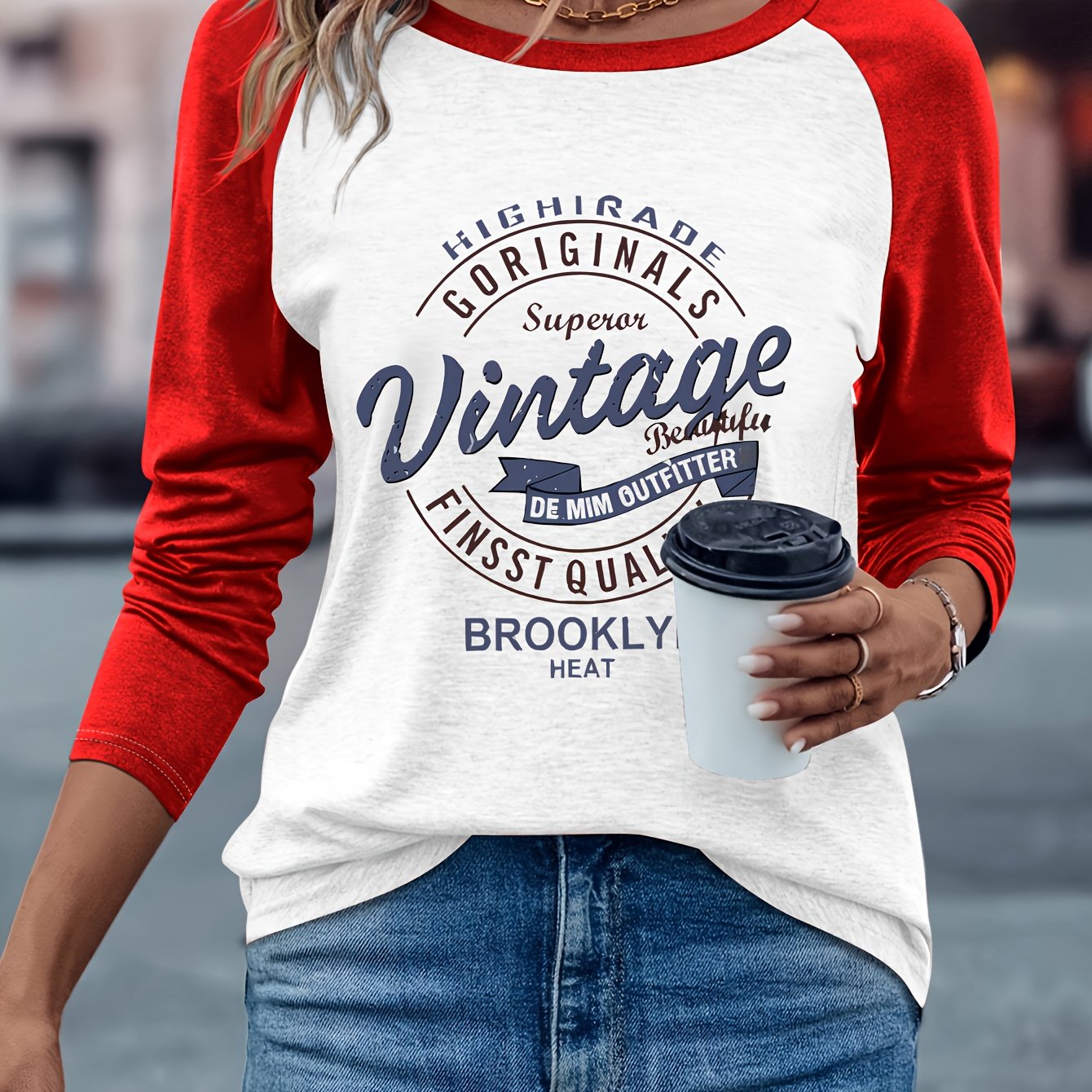 Women's Casual Long Sleeve Crew Neck T-Shirt - Vintage Brooklyn Letter Print, Heather Gray & Beige Color Block, Machine Washable Spring/Fall Top