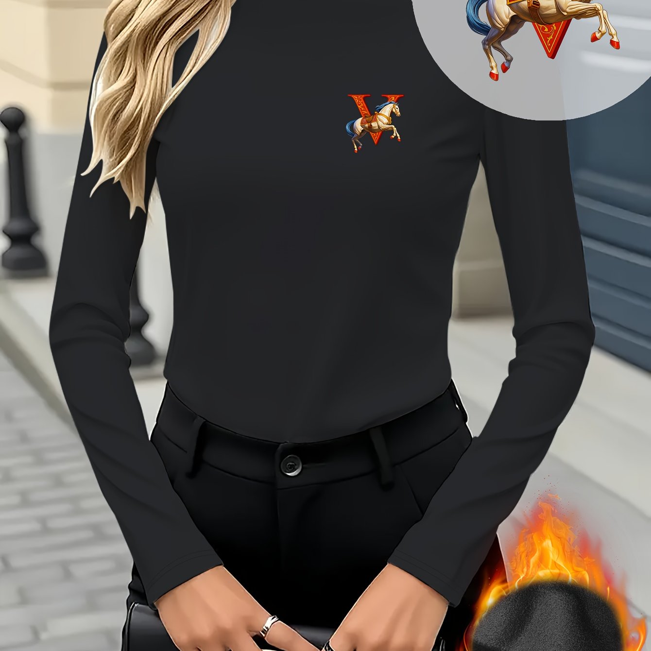 Women's Elegant Half-Turtleneck Long Sleeve Shirt with Royal V-Mark Equestrian Print - Soft Stretch German Fleece-like Fabric, Warm Winter Top for Casual & Formal Outfits, Horseback Riding Motif & Letter V Design, Versatile L
