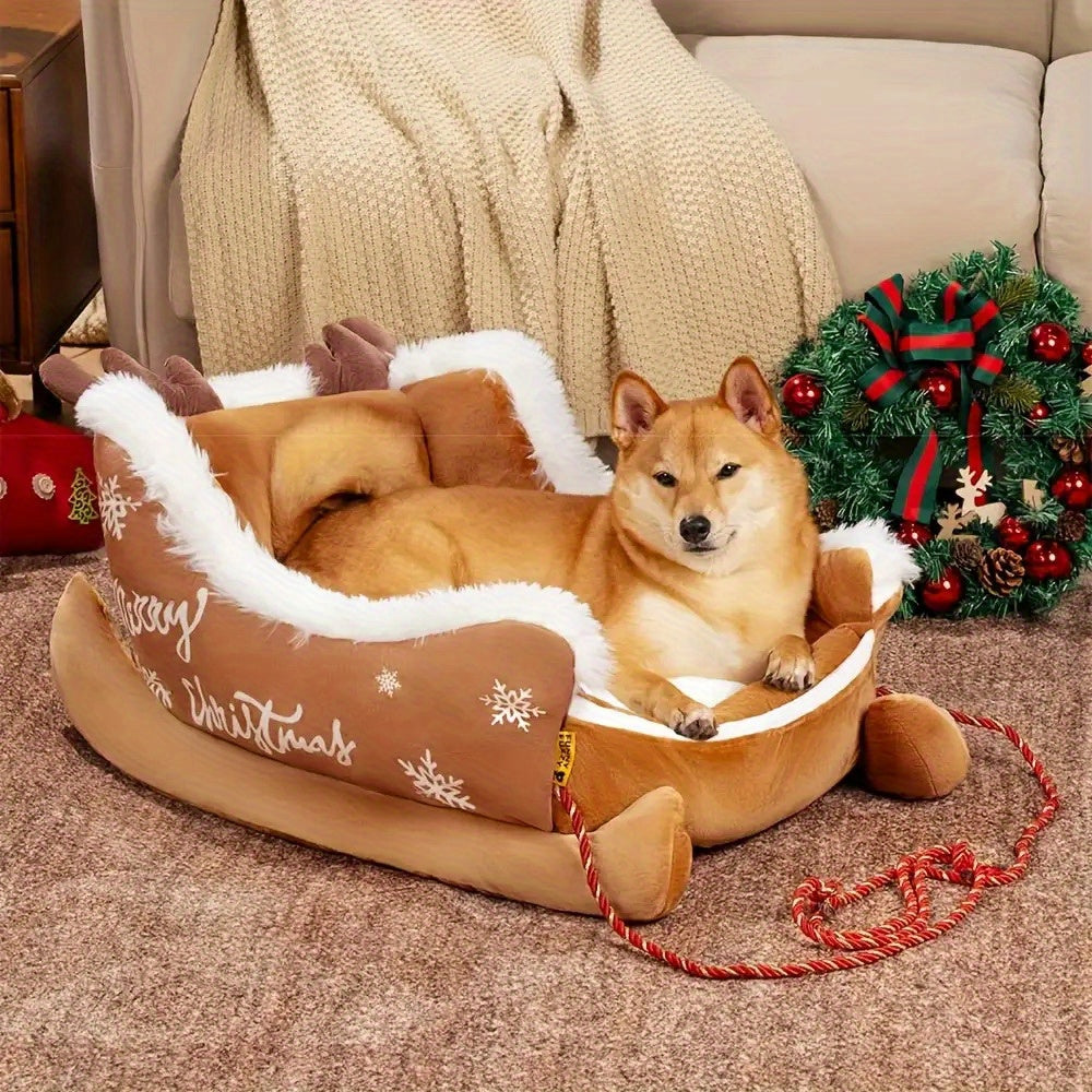 Festive Christmas Plush Sled Dog Bed with Red & White Snowflakes & "Merry Christmas" Text - Cozy Polypropylene Fabric Pet Bed for Small to Large Dogs, /Outdoor Use, Sleigh-Shaped Kennel for Pomeranian, Chihuahua, German Sheph