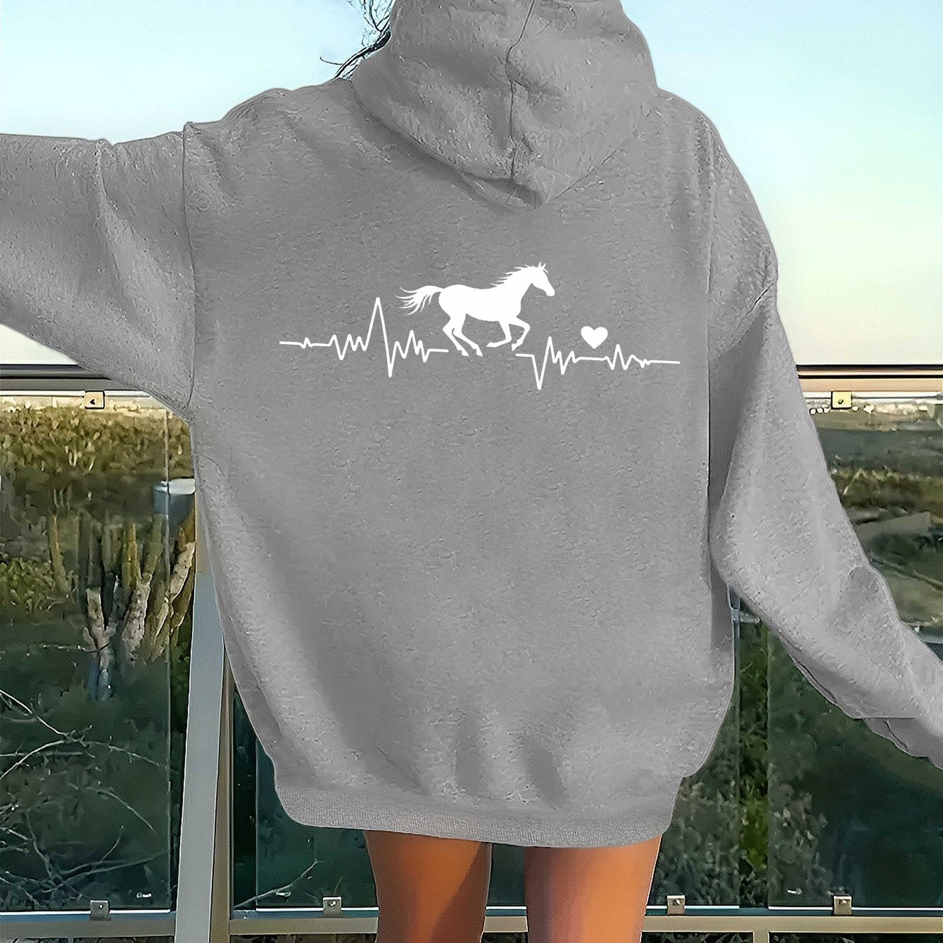 teediy Women'S Horse Heartbeat Minimalist Line Hooded Sweatshirt - Elegant Horse & Heartbeat Design, Long Sleeve Casual Pullover with Pockets