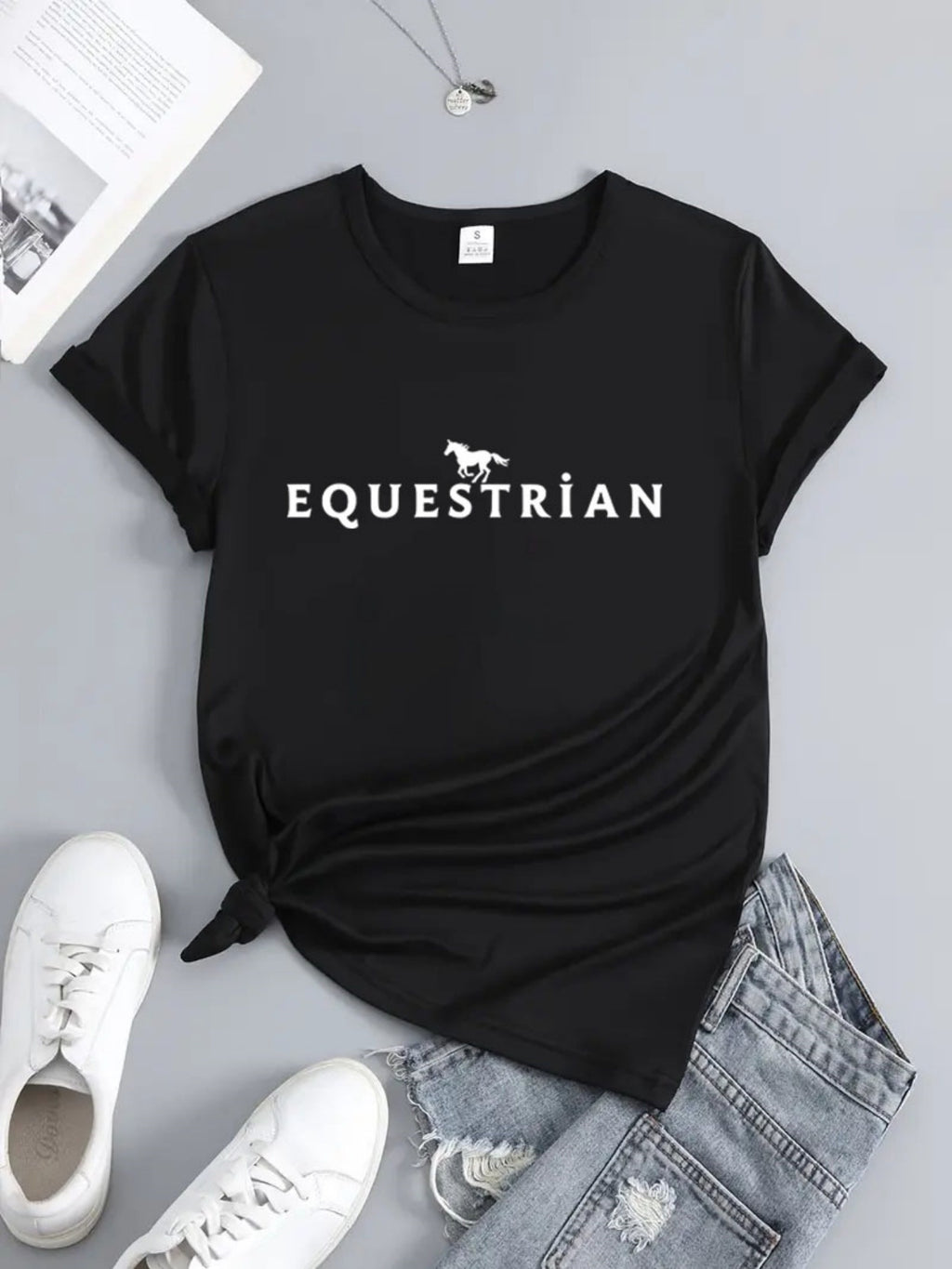 Women'S Equestrian Graphic T-Shirt - Black with Bold Equestrian Text - Stretchy Comfort Fit Horseback Riding Tee for Women - All-Season Casual Everyday & Riding Apparel - Equestrian Clothing, Horse Tshirt, Round Neckline Shir