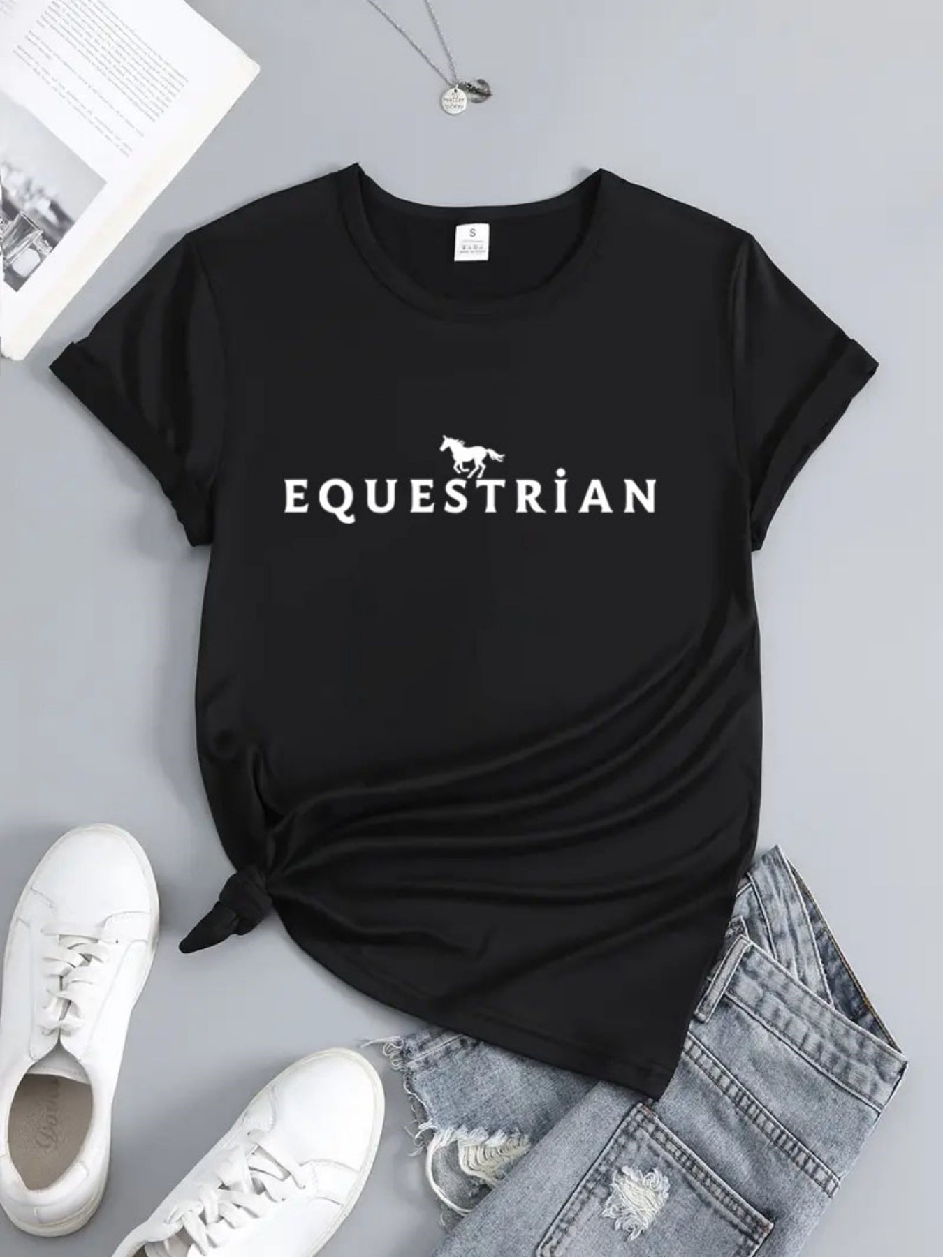 Women'S Equestrian Graphic T-Shirt - Black with Bold Equestrian Text - Stretchy Comfort Fit Horseback Riding Tee for Women - All-Season Casual Everyday & Riding Apparel - Equestrian Clothing, Horse Tshirt, Round Neckline Shir