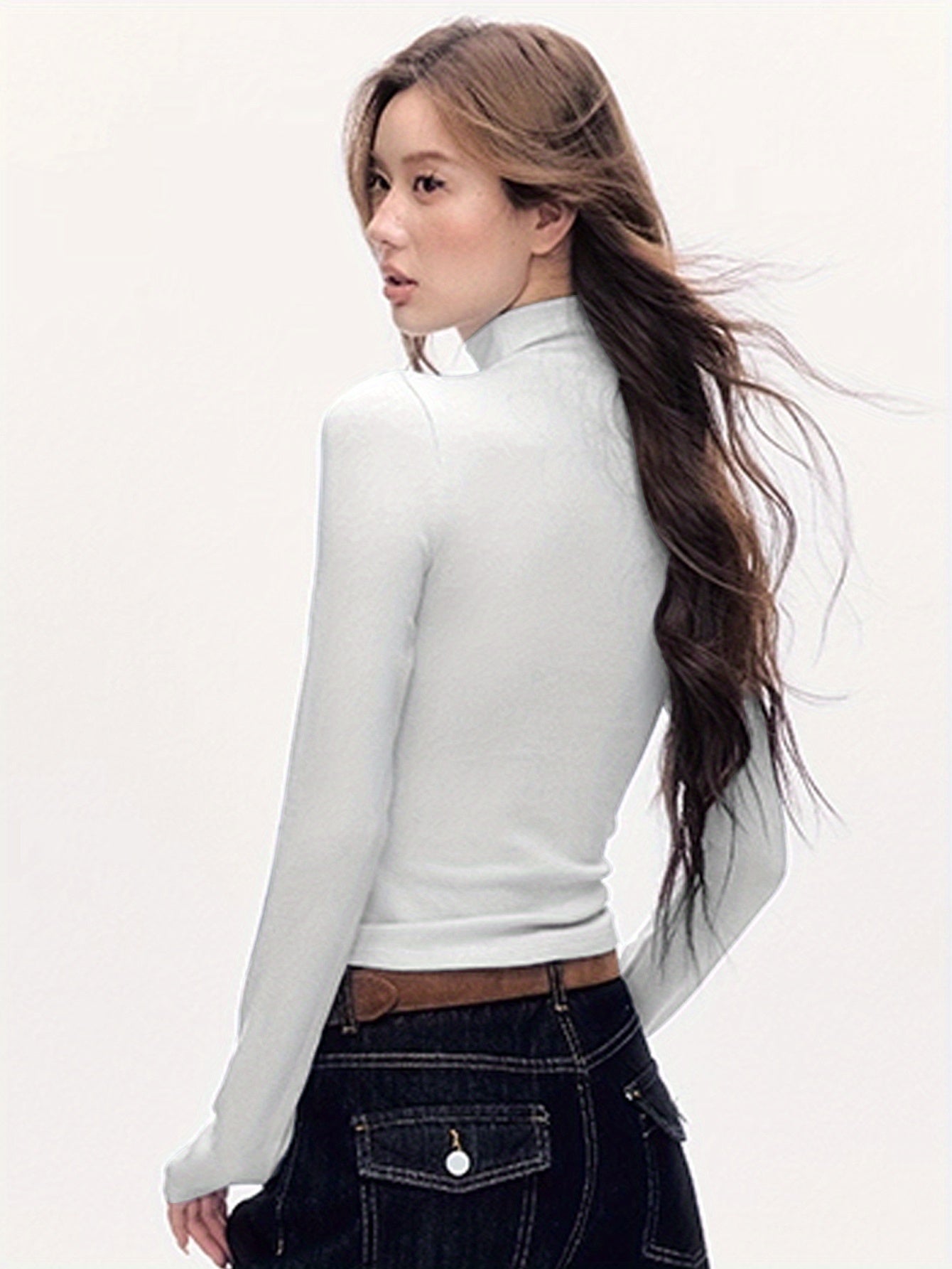 Women'S Elegant Half-Turtleneck Long Sleeve T-Shirt - Soft Fleece-Like Fabric, Black with White Horse Silhouette & Golden Accents, Machine Washable, Versatile Casual & Formal Wear, Winter Warmth, 2025 Autumn Winter Essential,