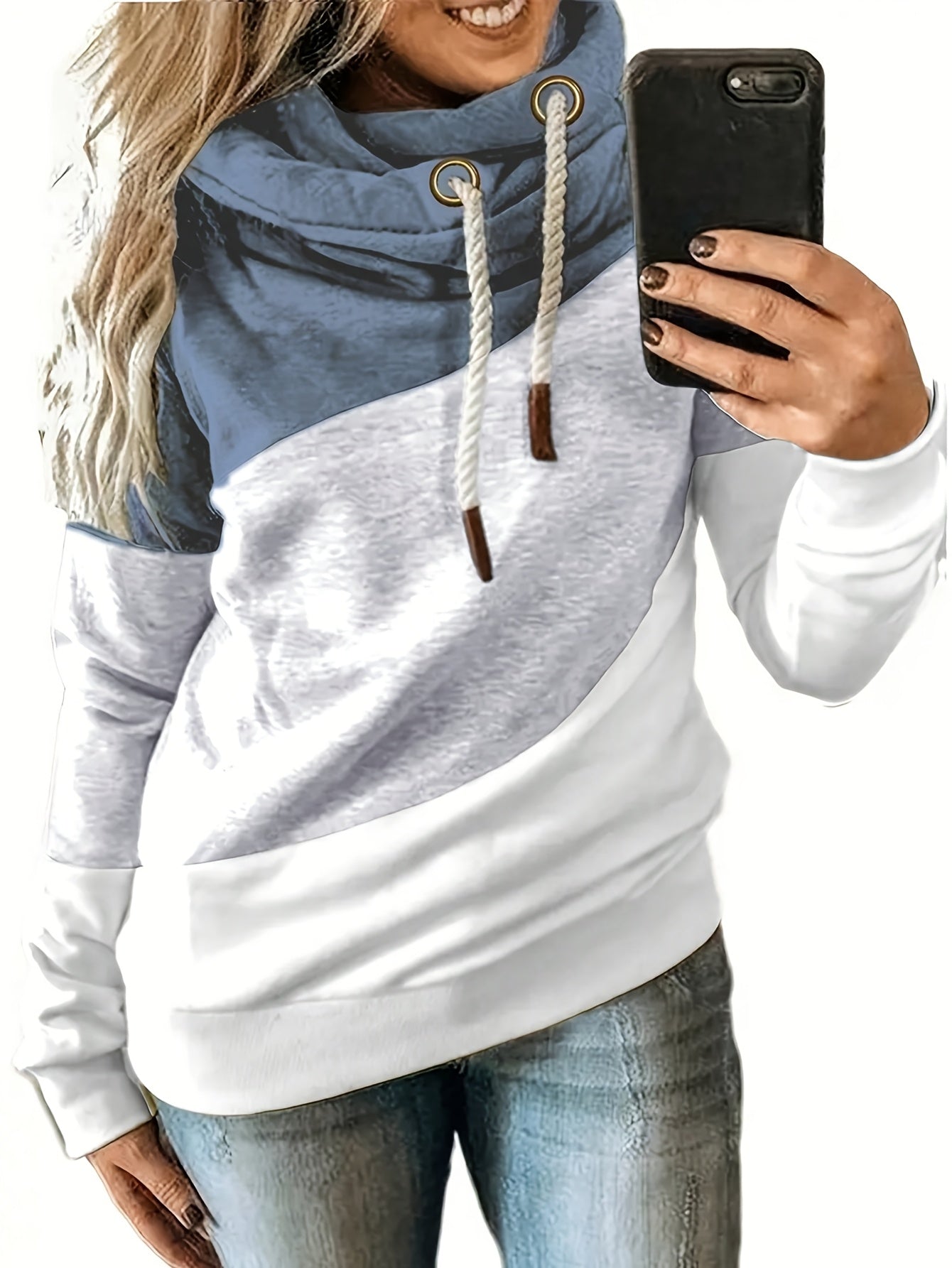 1pc Women'S Plus Size Casual Patchwork Hoodie - Polyester Knit Fabric with Slight Stretch, Hooded Collar, Long Sleeve Pullover for Fall/Winter