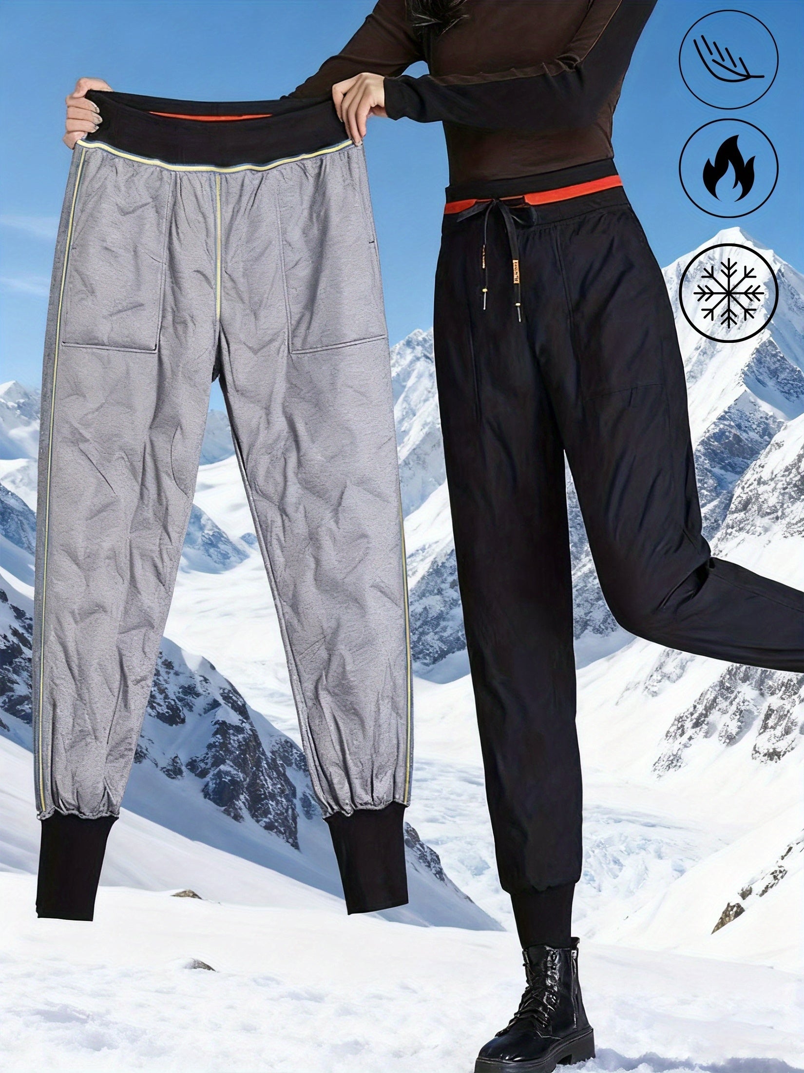 Women's Thermal Duck Down Pants - High-Waisted Winter Snow Pants with Duck Down Filling, Cuffed Trousers & Contrast Waistband, Elastic Drawstring Waist (No Belt) for Skiing, Snowboarding & Cold Weather (Casual)