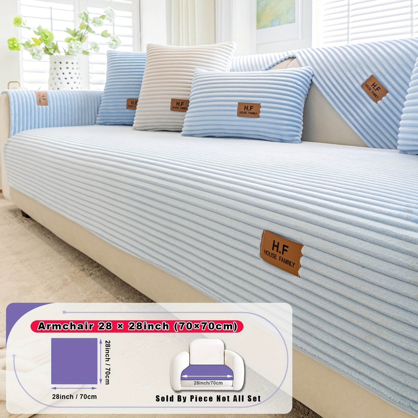 1pc HF Modern Plush Flannel Sofa Cushion Cover - Pet-Friendly Non-Slip Sofa Protector with Striped Design & Leather-Like Patches, Machine Washable Furniture Cover for 3/2/4-Seater, Living Room, Bedroom, Office Decor, Bedroom