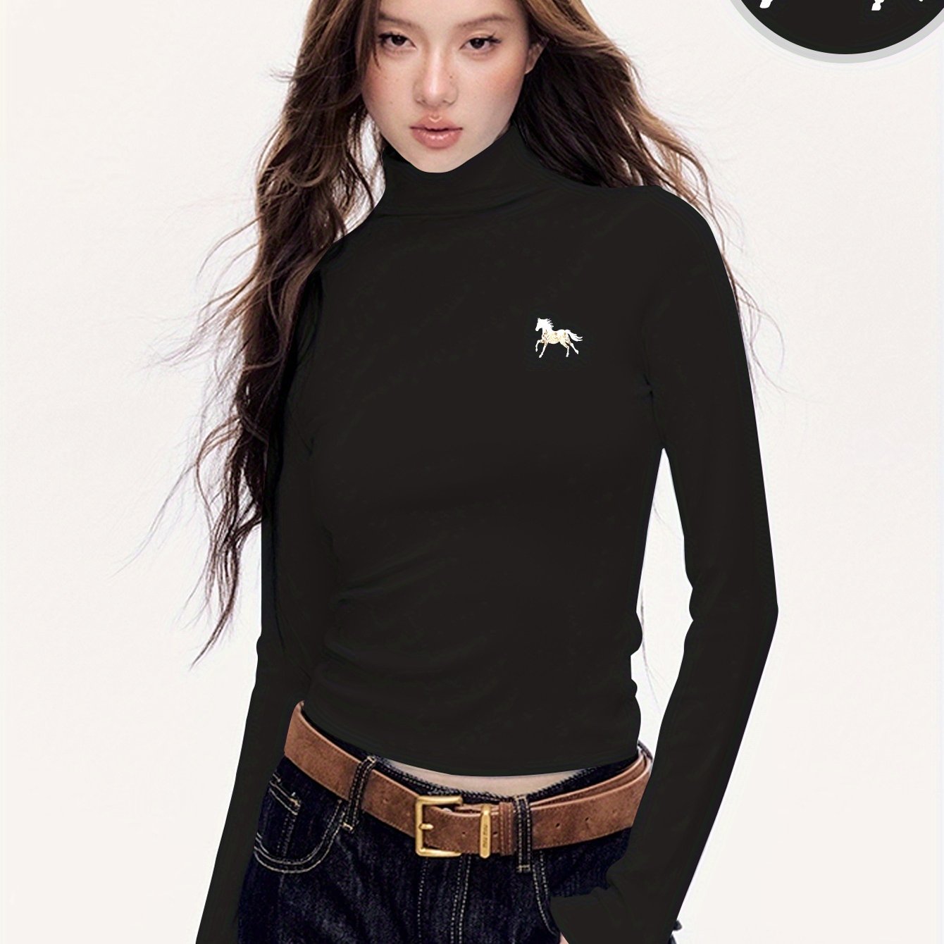 Women'S Elegant Half-Turtleneck Long Sleeve T-Shirt - Soft Fleece-Like Fabric, Black with White Horse Silhouette & Golden Accents, Machine Washable, Versatile Casual & Formal Wear, Winter Warmth, 2025 Autumn Winter Essential,