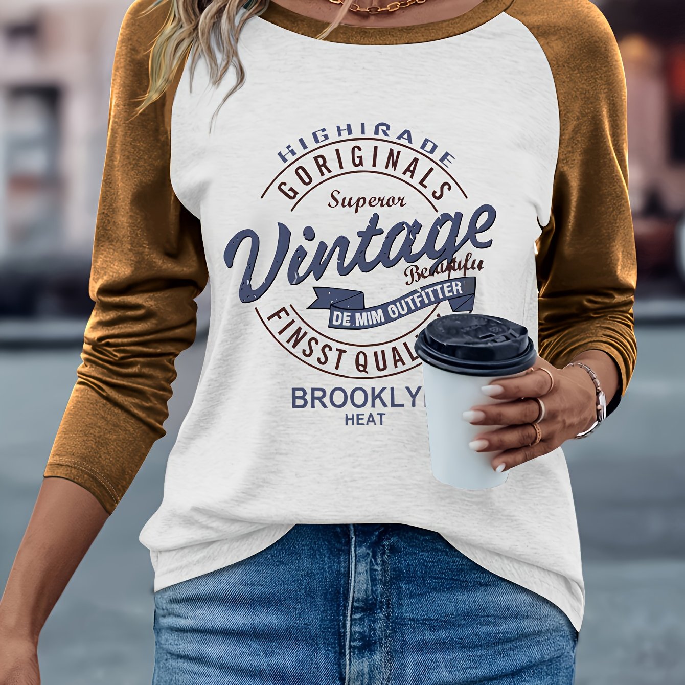 Women's Casual Long Sleeve Crew Neck T-Shirt - Vintage Brooklyn Letter Print, Heather Gray & Beige Color Block, Machine Washable Spring/Fall Top