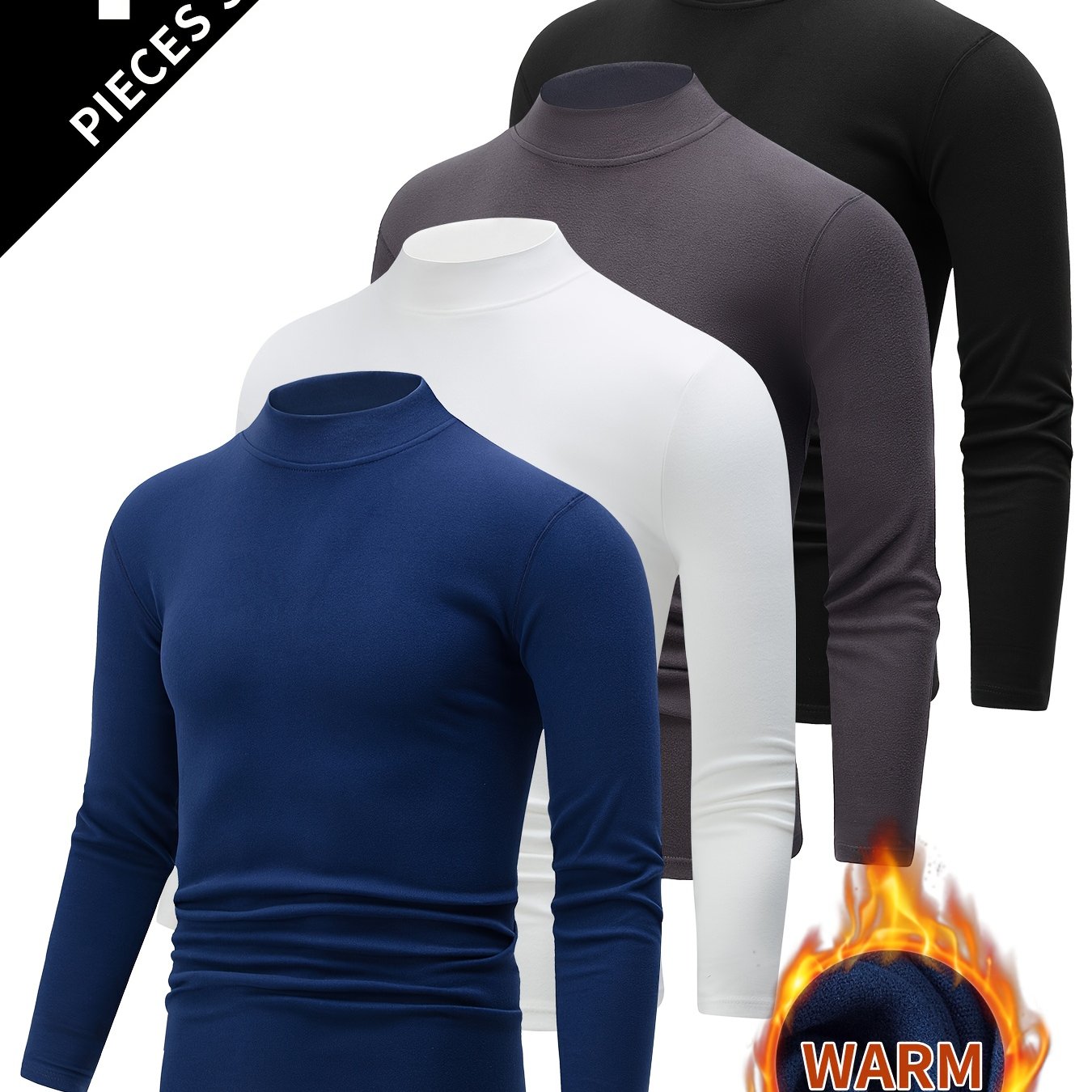 4pcs Men's Thermal Base Layer Long Sleeve Round Neck T-Shirts - Solid Color Warm Winter Layering Shirts, Casual Underwear for Cold Weather, Hand Washable (Bulk Pack for Easy Organization) - Compatible with Jeans & Dress Pants