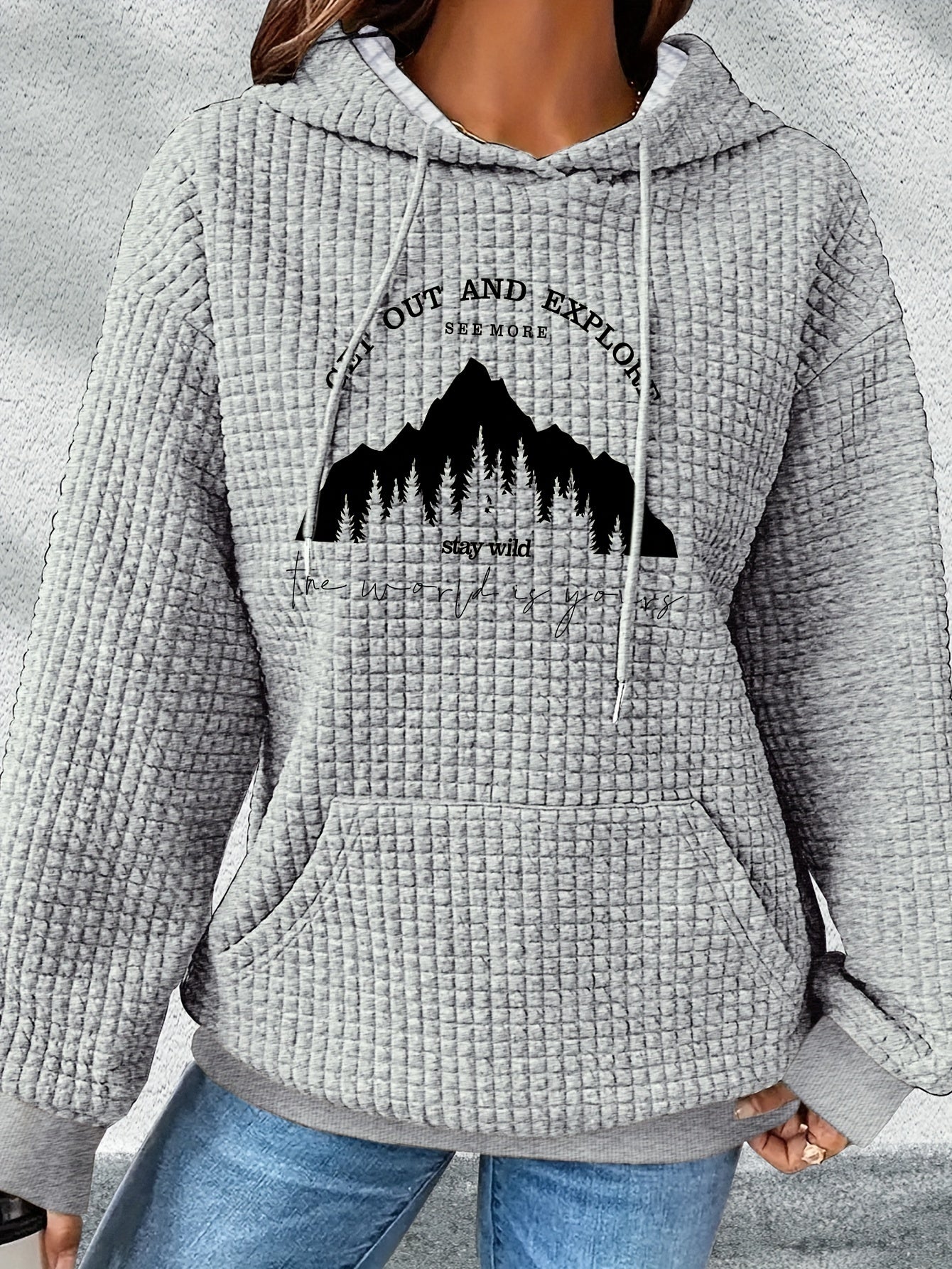 graphic print hoodie, drawstring casual hooded sweatshirt for winter & fall, Women's clothing, Loungewear, Winter Fashion, Urban Style, Geometric Pattern, Cozy Fabric, Quality Stitching, Unisex Style, Printed Hoodie, Women's