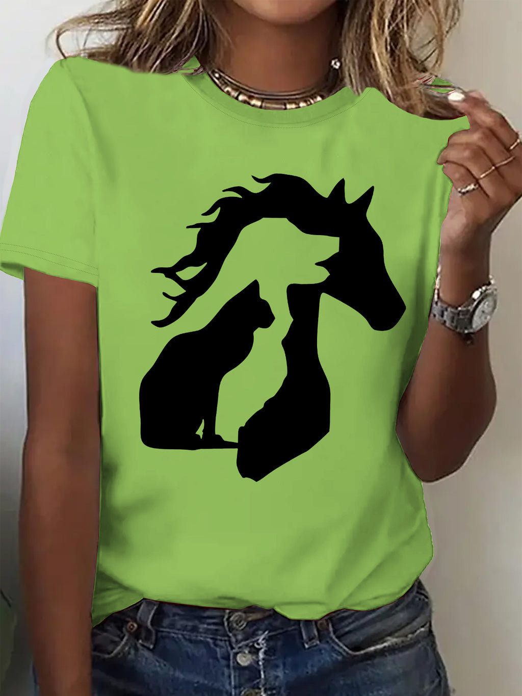 Women'S Casual Crew Neck T-Shirt with Unique Horse and Cat Silhouette Graphic, Short Sleeve Polyester Tee for Casual Attire, Allseason Top | Trendy Casual Style | Comfortable Fi