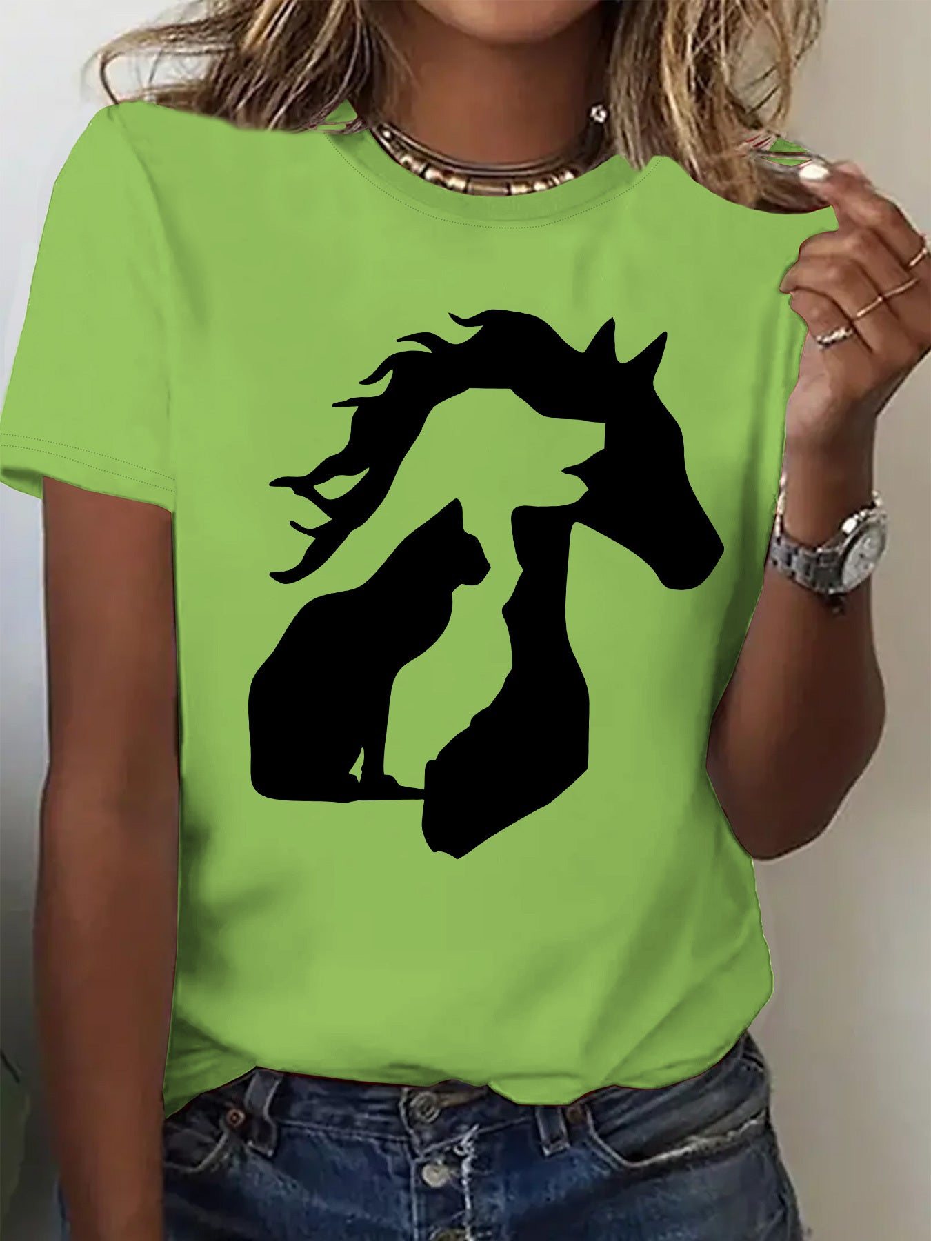Women'S Casual Crew Neck T-Shirt with Unique Horse and Cat Silhouette Graphic, Short Sleeve Polyester Tee for Casual Attire, Allseason Top | Trendy Casual Style | Comfortable Fi