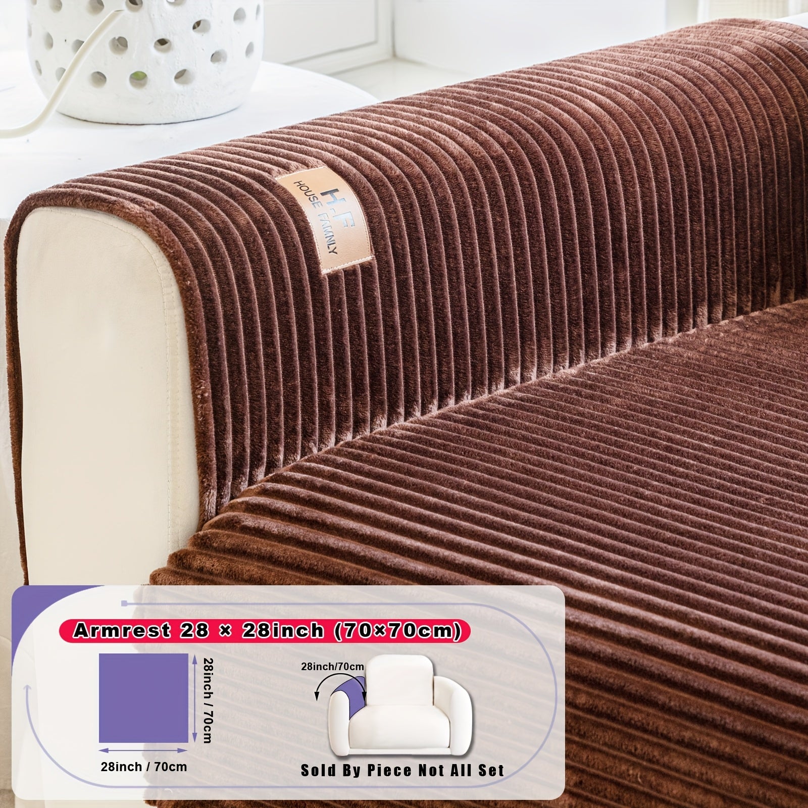 1pc HF Modern Plush Flannel Sofa Cushion Cover - Pet-Friendly Non-Slip Sofa Protector with Striped Design & Leather-Like Patches, Machine Washable Furniture Cover for 3/2/4-Seater, Living Room, Bedroom, Office Decor, Bedroom