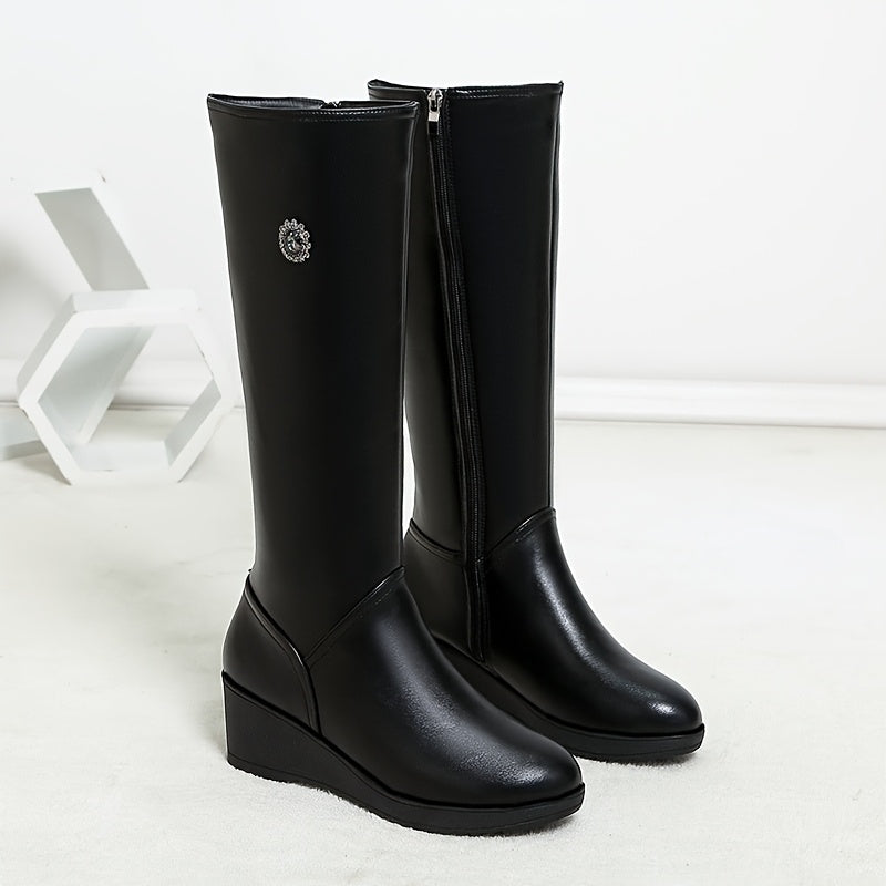 Stivali Donna Platform Invernali al Ginocchio - Neri con Tacco Chunky e Zip