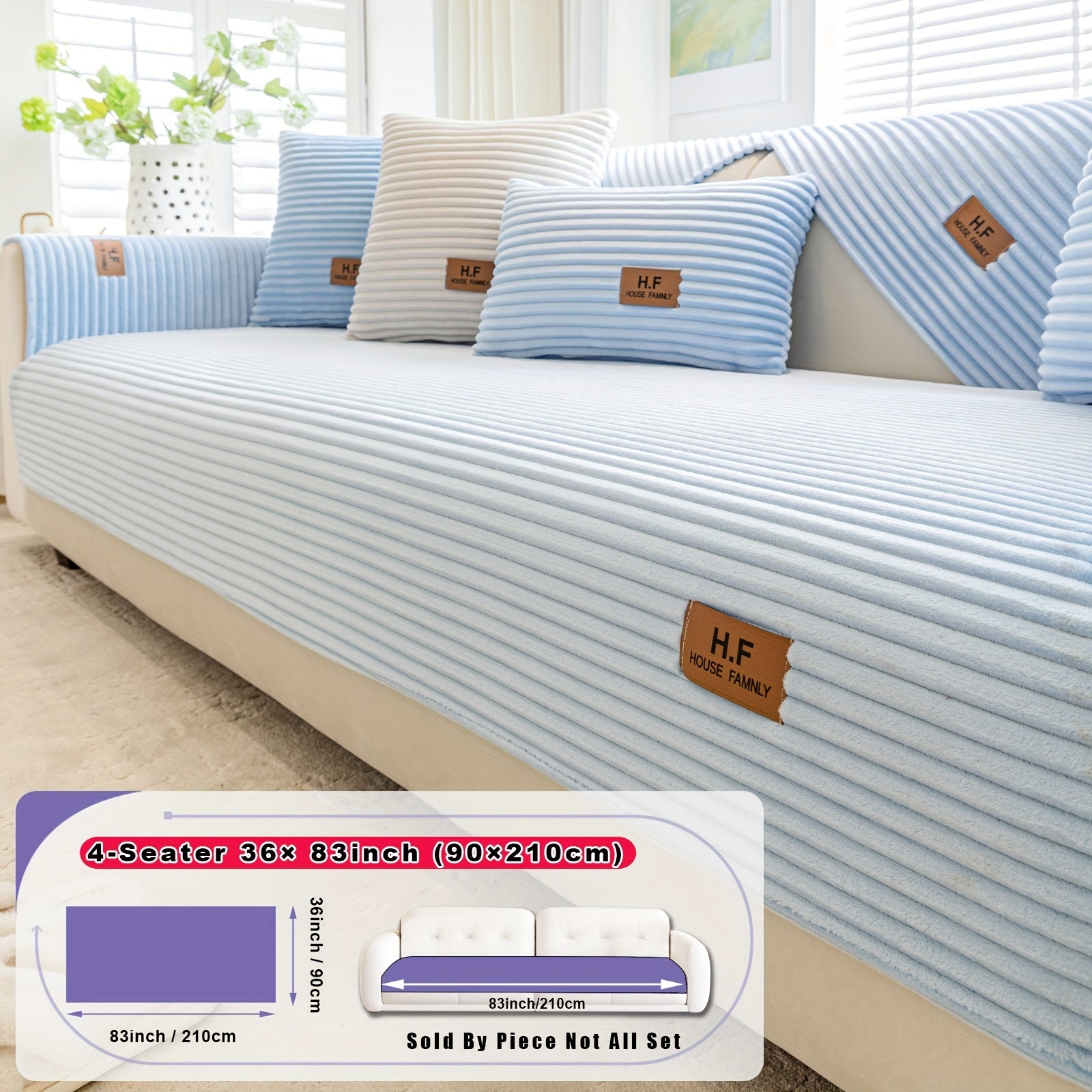 1pc HF Modern Plush Flannel Sofa Cushion Cover - Pet-Friendly Non-Slip Sofa Protector with Striped Design & Leather-Like Patches, Machine Washable Furniture Cover for 3/2/4-Seater, Living Room, Bedroom, Office Decor, Bedroom
