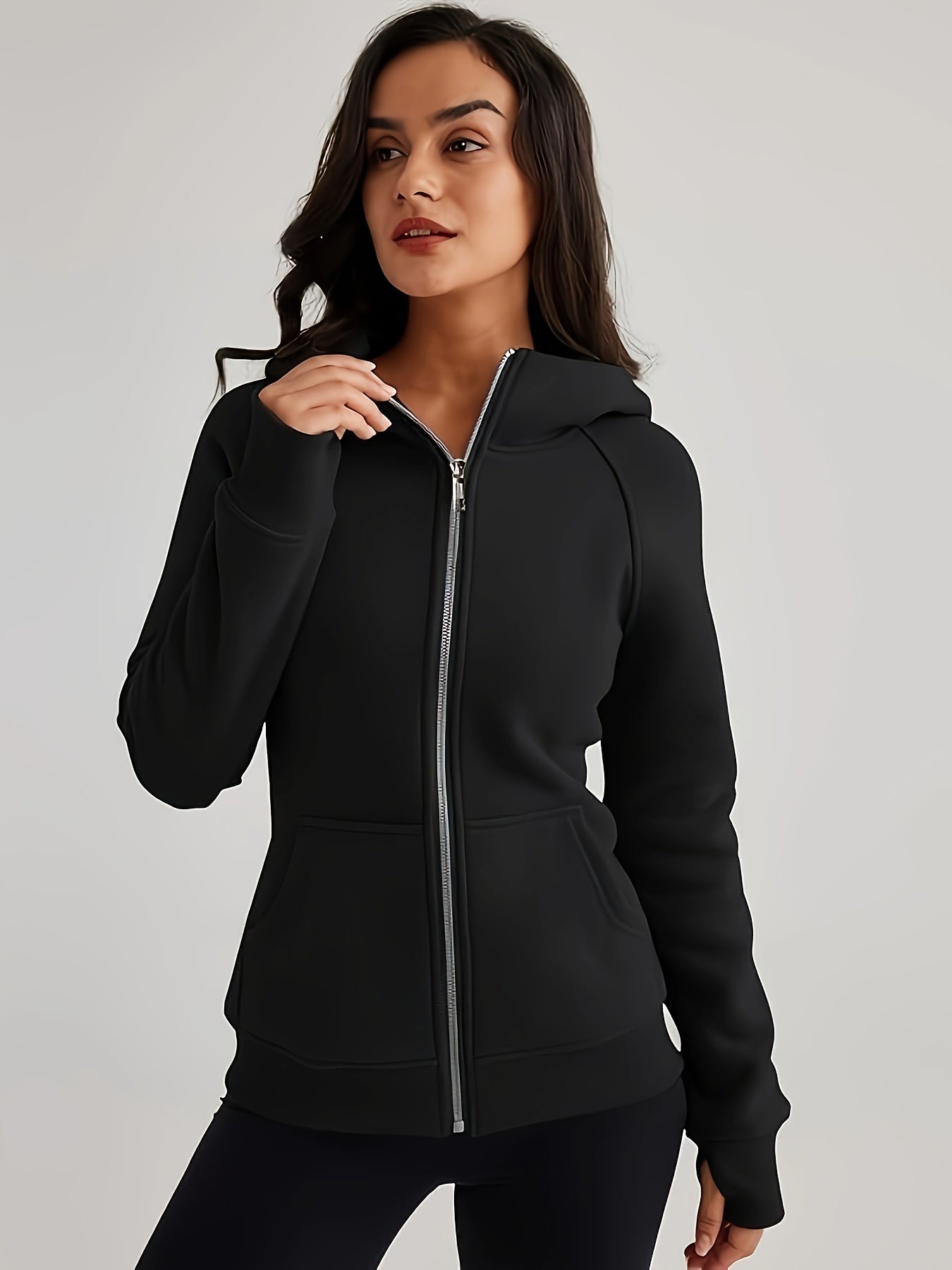 Women'S Casual Hooded Sweatshirt - Black, Long Sleeve, Zip-Up with Pockets, Cozy Fall/Winter Pullover for Casual Attire, Casual Wear Hoodie | Zipup Hoodie | Glossy Finish Fabric